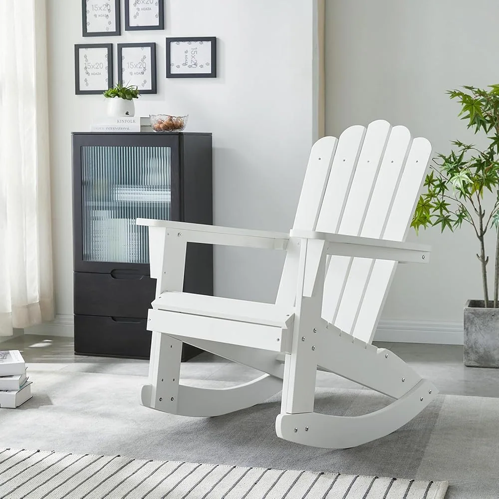 Adirondack Patio Rocking Chair, White Heavy Duty 350 lbs, HIPS Outdoor Rocking Chair Oversized, Rocker Chair with Wide Back, For Patio/Porch/Backyard