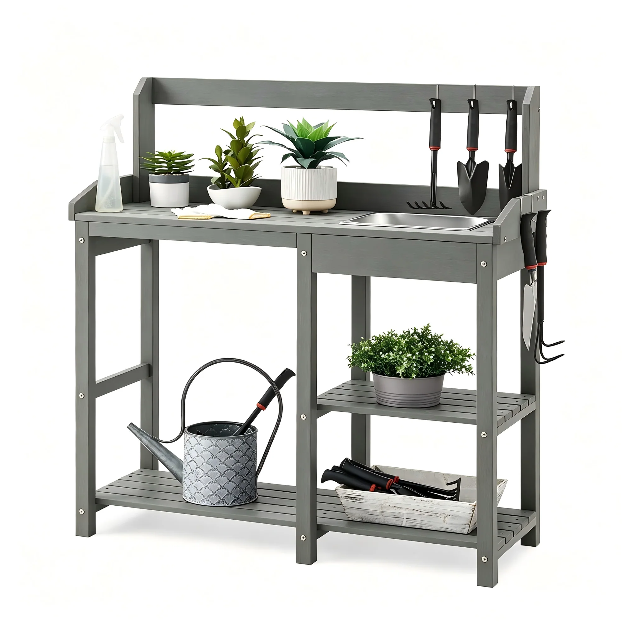 Outdoor Potting Bench Table with Sink for Outside Garden, Gray HIPS Garden Workstation with Tool Hooks & Removeable Stainless Sink, All-Weather Patio Potting Table for Backyard