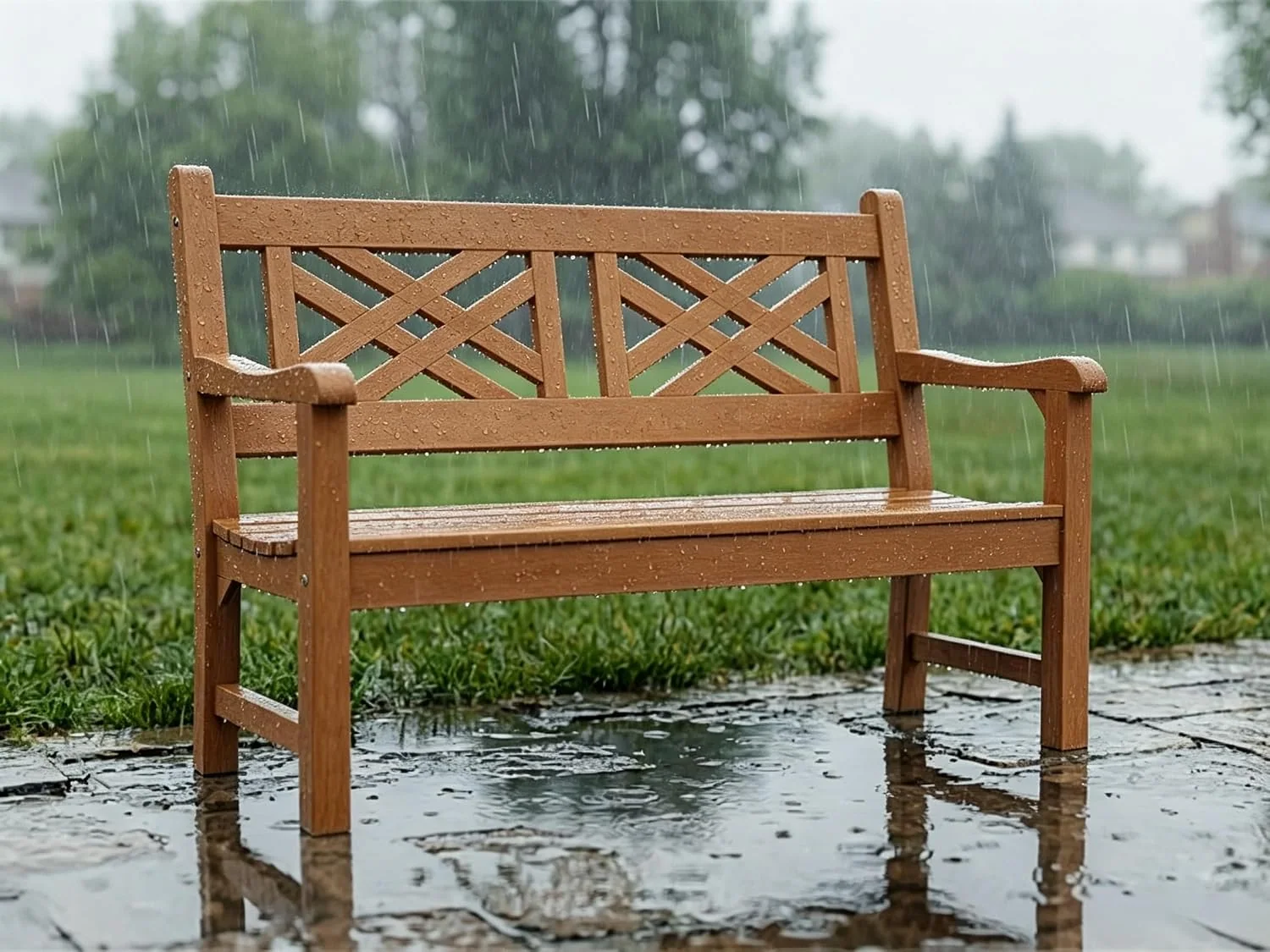 49" All-Weather Poly Lumber Outdoor Garden Bench, 2-Person (Teak) Weatherproof Anti-Fade Patio Furniture Memorial Bench Decorative Lattice Back Perfect for Porch, Backyard and Park Seating