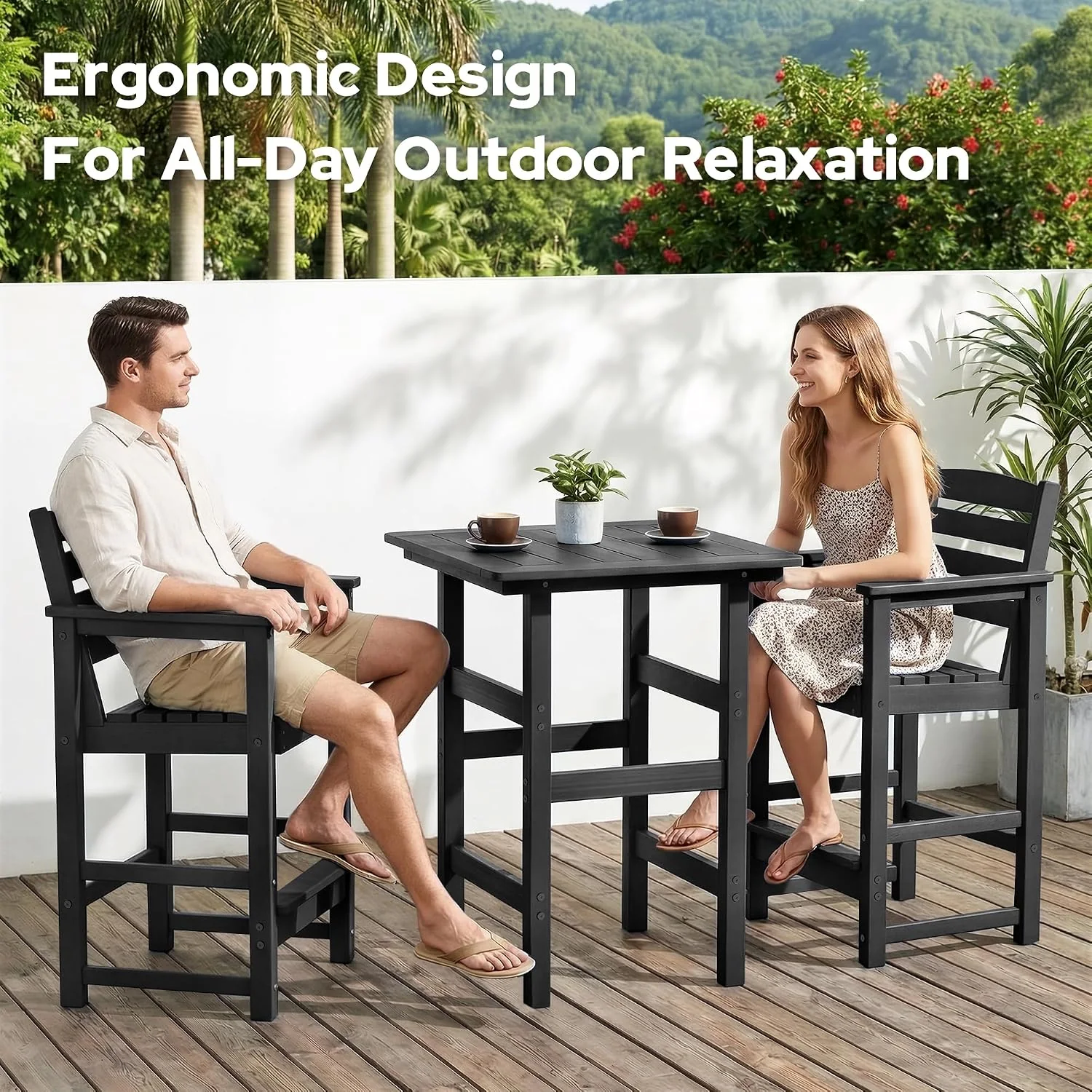 3-Piece Outdoor Bistro Bar Set, HDPE Bar Height Table & Chairs, Black All-Weather Patio Bar Set Balcony Tall Adirondack Chairs and Pub Table Set, Outdoor Bar Stools Furniture Set for Outside Pool