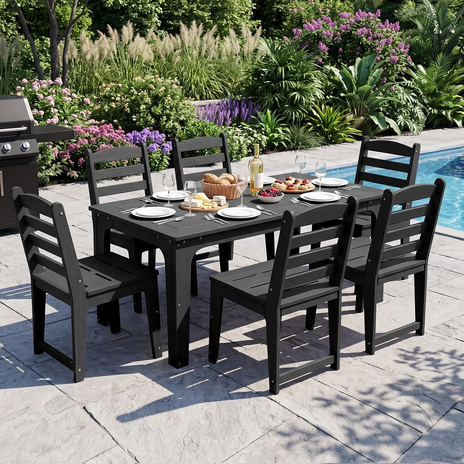 HDPE Patio Dining Set for 6, 7 Piecs Outddor Table & Chairs, Black Rectangular Table with Umbrella Hole & 6 Chairs All-Weather Resistant Patio Furniture Set for Poolside Garden Backyard Deck