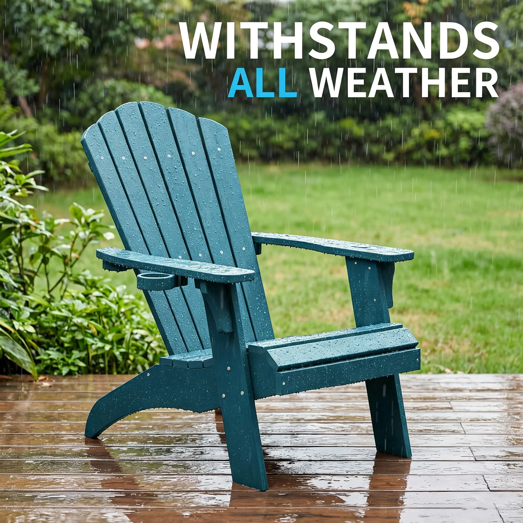 Oversized Adirondack Chairs with Cup Holder, Blue Poly Lumber Patio Chairs,350Lbs Support, All Weather Patio Chairs for Fire Pit Deck Backyard Patio Outdoor Garden