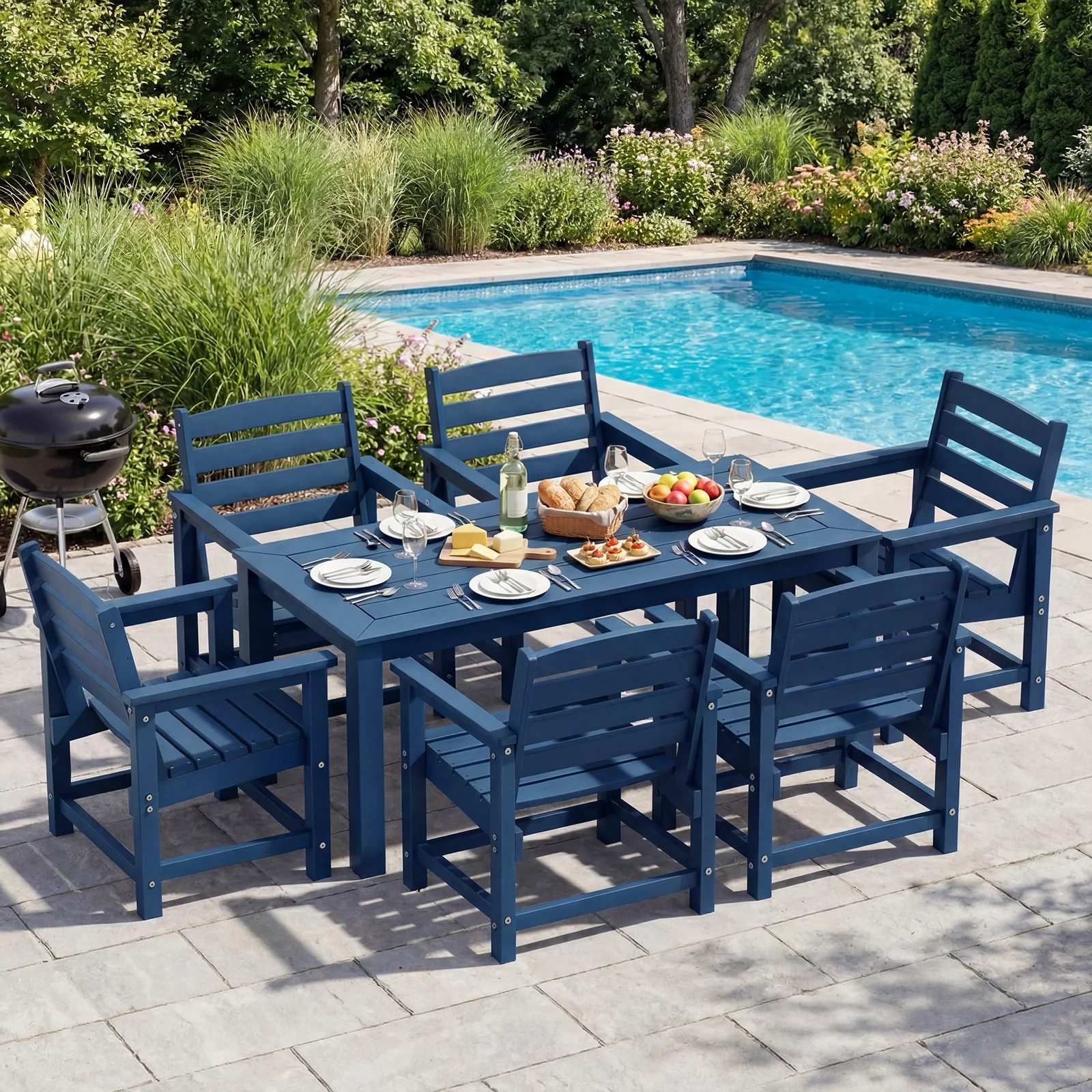 Outdoor Dining Set for 6, 7 Pcs HDPE Patio Table and Chair Set,Blue 2" Umbrella Hole, All Weather Outdoor Furniture for Garden, Poolside, Backyard, Deck