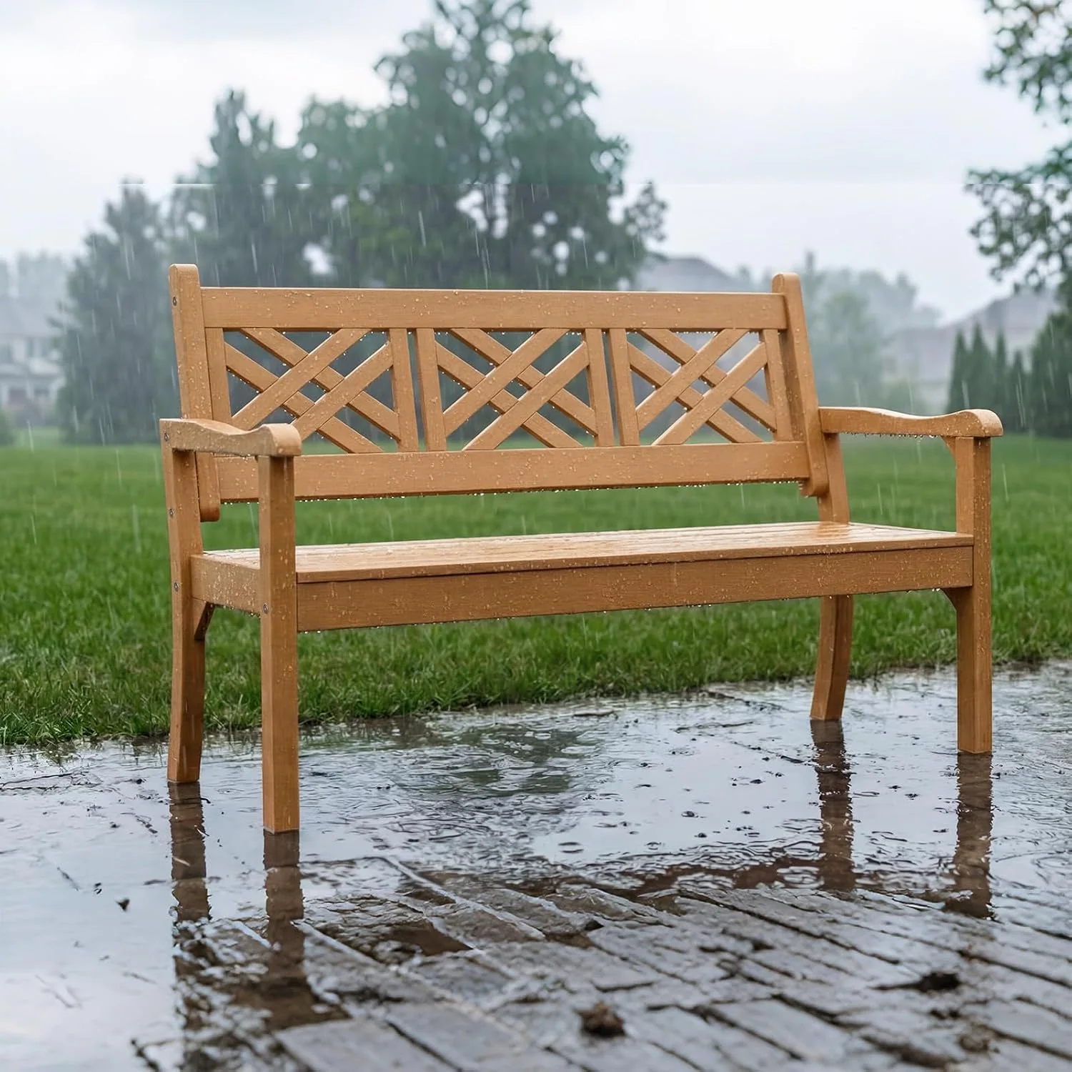 54" Poly Lumber Outdoor Patio Bench Weatherproof, 3-Person (Teak) All-Weather Anti-Fade Patio Furniture Lattice Back & Ergonomic Curved Armrests, Perfect for Porch, Backyard and Park Seating