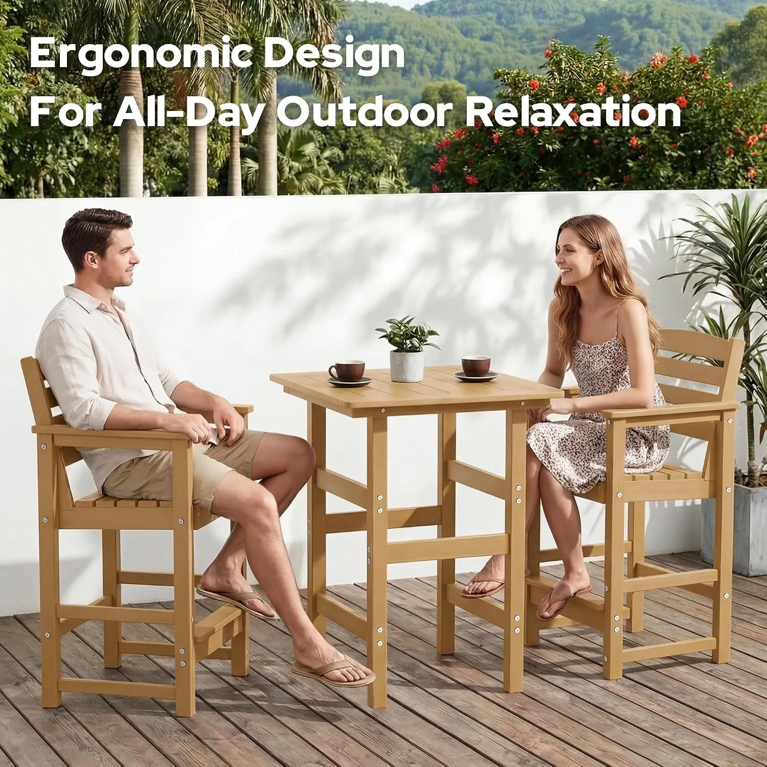 3-Piece Outdoor Bistro Bar Set, HDPE Bar Height Table & Chairs, Teak All-Weather Patio Bar Set Balcony Tall Adirondack Chairs and Pub Table Set, Outdoor Bar Stools Furniture Set for Outside Pool