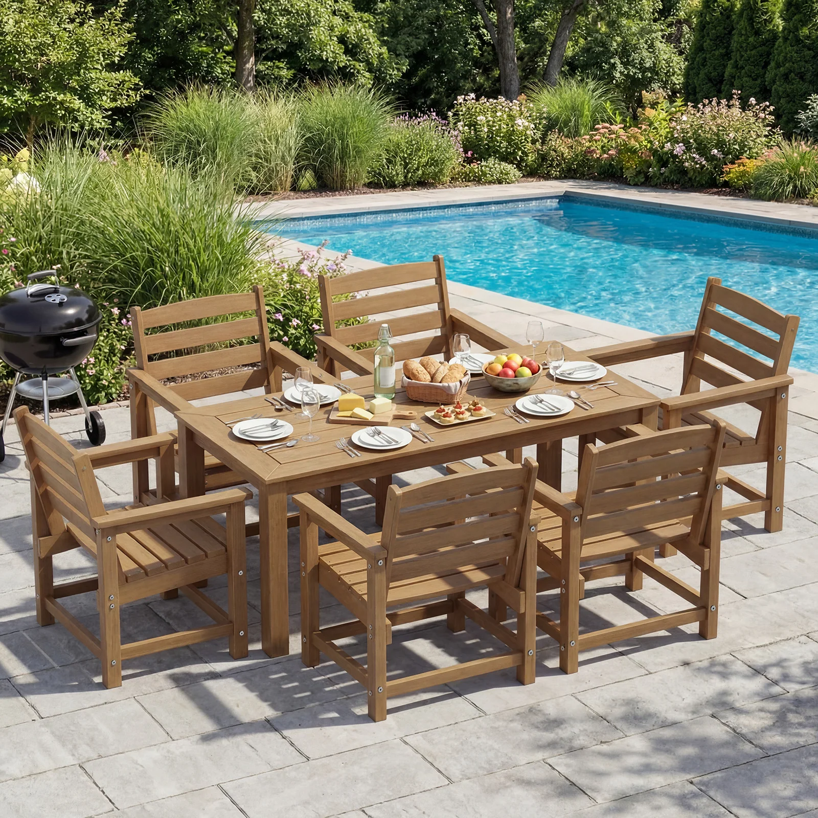 Outdoor Dining Set for 6, 7 Pcs HDPE Patio Table and Chair Set,Teak 2" Umbrella Hole, All Weather Outdoor Furniture for Garden, Poolside, Backyard, Deck