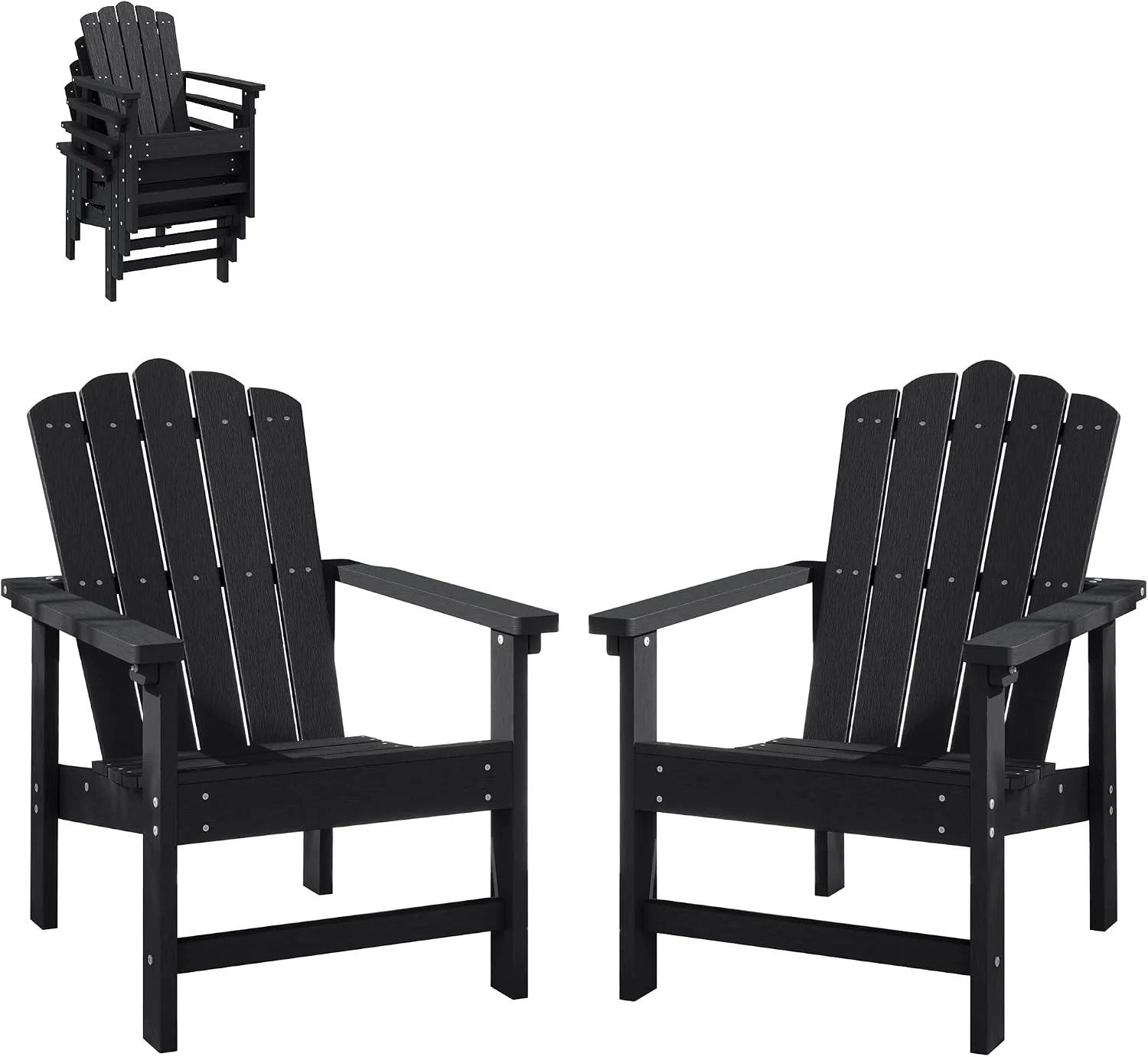 HDPE Stackable Adirondack Chairs Set of 2, Black Durable, All-Weather Patio Seating with Wood Texture, Low Maintenance Poly Lumber Chairs for Porch, Deck, Garden, Fire Pit