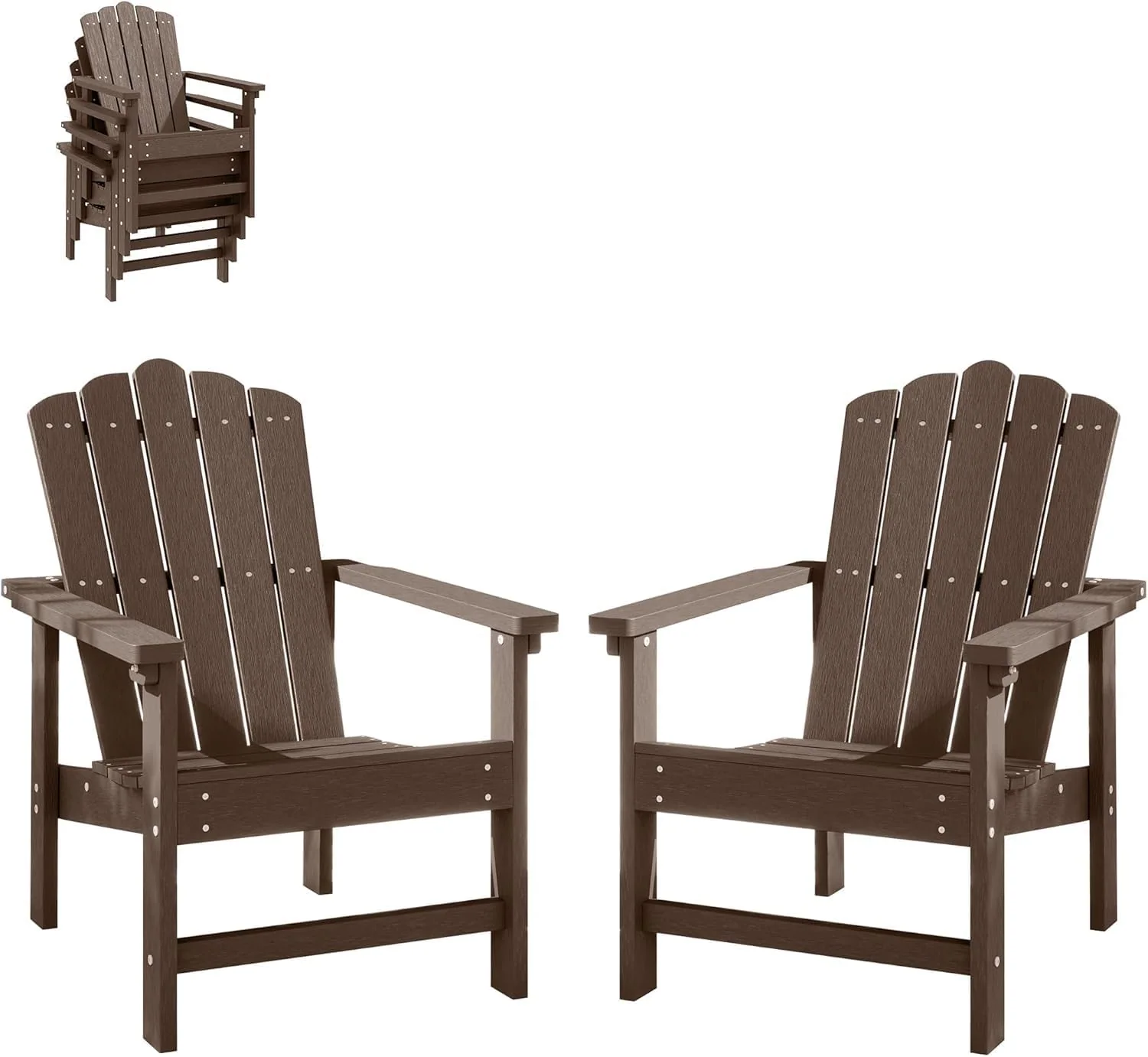 HDPE Stackable Adirondack Chairs Set of 2, Brown Durable, All-Weather Patio Seating with Wood Texture, Low Maintenance Poly Lumber Chairs for Porch, Deck, Garden, Fire Pit