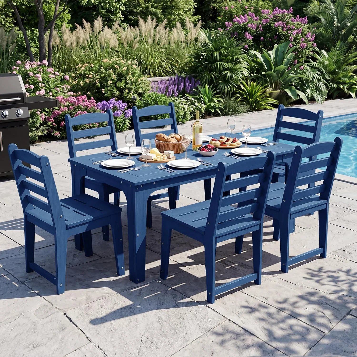 HDPE Patio Dining Set for 6, 7 Piecs Outddor Table & Chairs, Blue Rectangular Table with Umbrella Hole & 6 Chairs All-Weather Resistant Patio Furniture Set for Poolside Garden Backyard Deck
