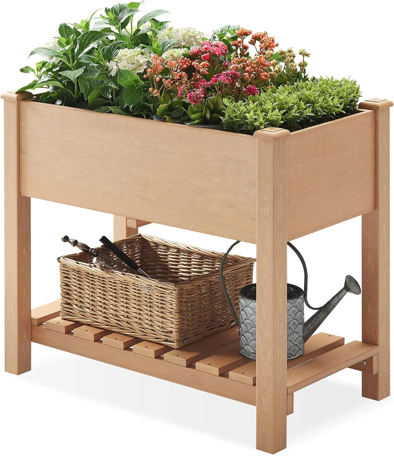 Raised Garden Bed (4'x2') - 34 Inch Tall Poly Lumber Planter Box with Storage Shelf & Waterproof Tarp, No Assembly Required, Rot Resistant & Zero Maintenance for Vegetables, Flowers
