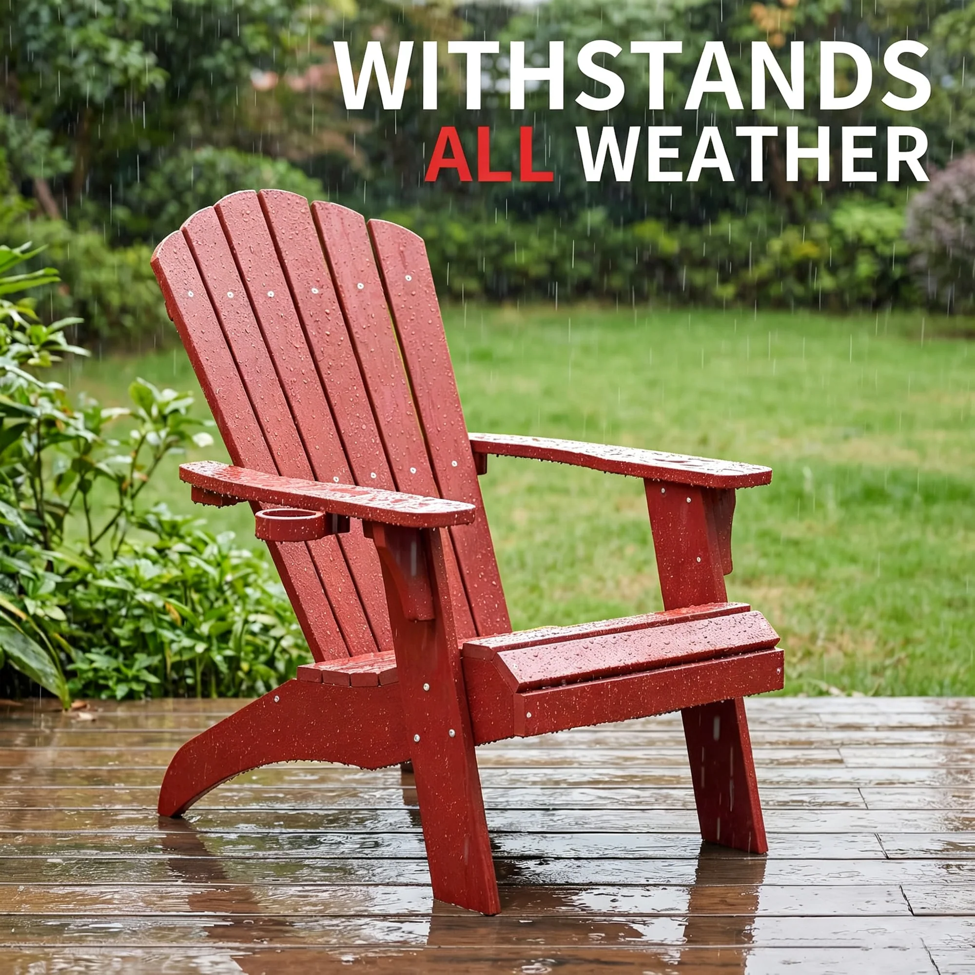 Oversized Adirondack Chairs with Cup Holder, Red Poly Lumber Patio Chairs,350Lbs Support, All Weather Patio Chairs for Fire Pit Deck Backyard Patio Outdoor Garden