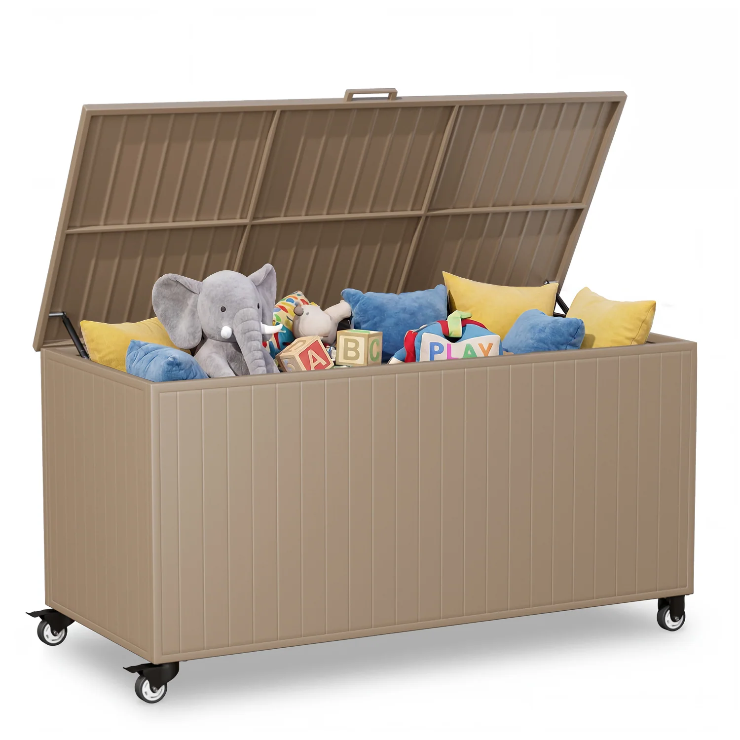 250 Gallon Metal Large Outdoor Deck Box with 4 Wheels, Brown Hydraulic Pistons , Waterproof outdoor storage box for Patio Furniture Cushions, Pool Accessories & Garden Tools