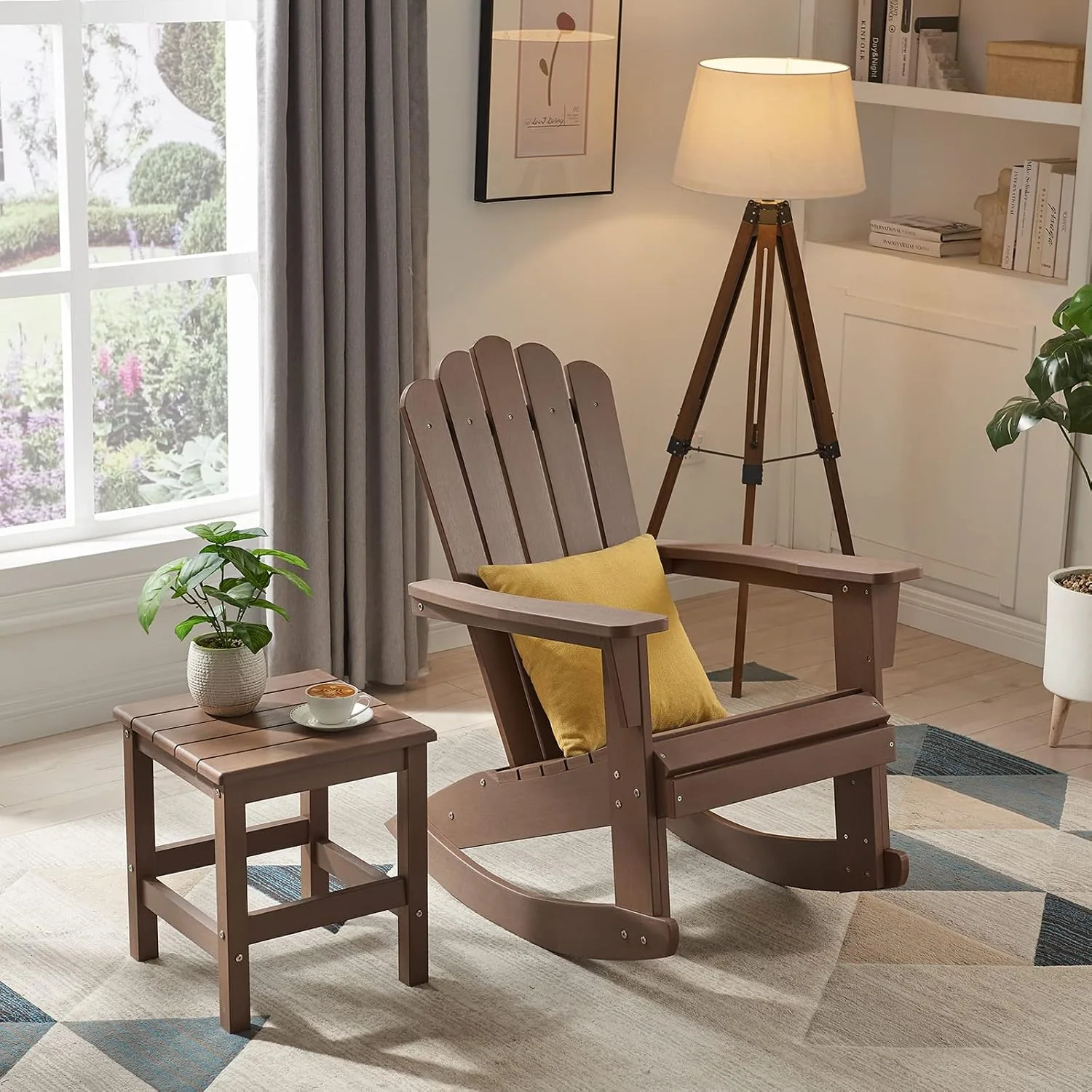 Adirondack Patio Rocking Chair, Brown Heavy Duty 350 lbs, HIPS Outdoor Rocking Chair Oversized, Rocker Chair with Wide Back, For Patio/Porch/Backyard