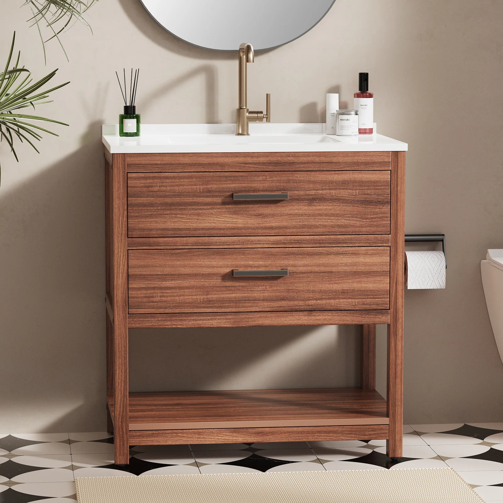 30 Inch Bathroom Vanity with Sink, Waterproof Farmhouse Freestanding Cabinet in Brown, SMC Resin Countertop with Drawers
