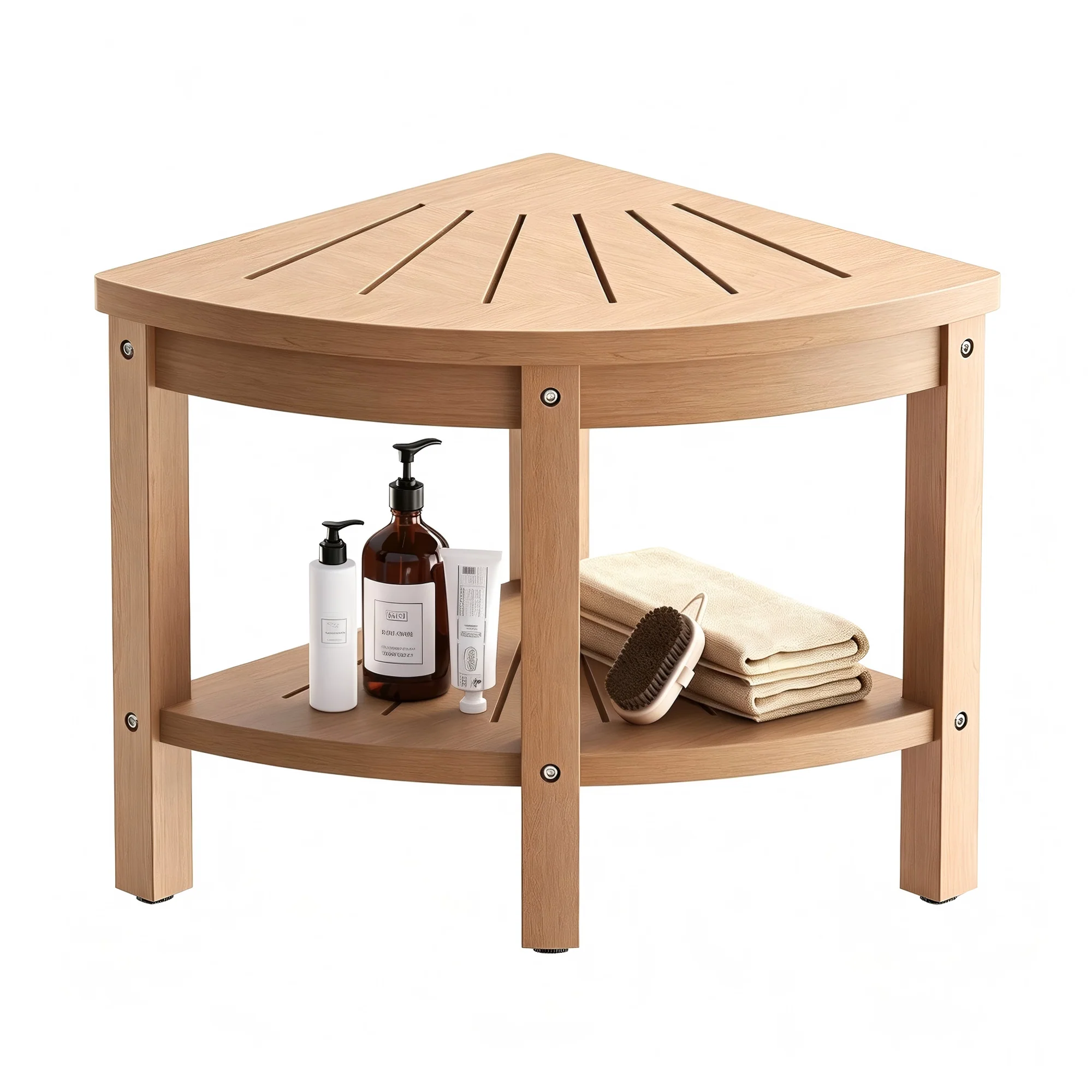 17.7" Shower Stool for Inside Shower, Poly Lumber HIPS Corner Shower Bench with Storage Shelf & Adjustable Height Legs, 400LBS Shower Seat, Foot Rest for Shaving Legs, Indoor/Outdoor Use (Teak)