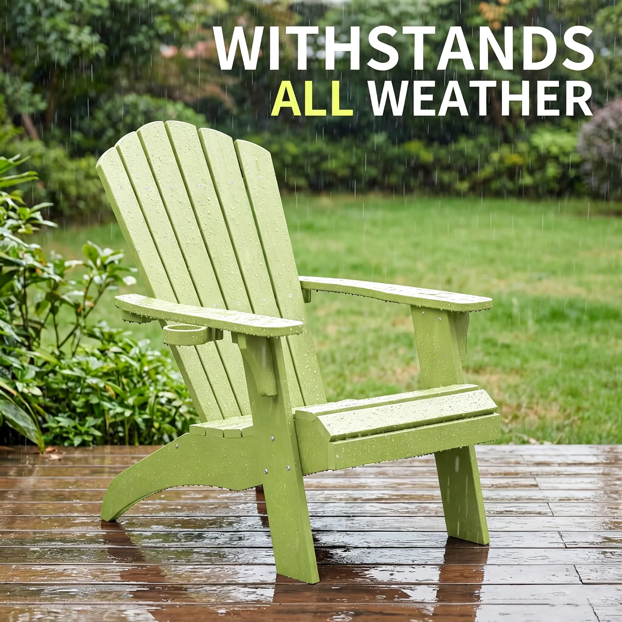 Oversized Adirondack Chairs with Cup Holder, Green Poly Lumber Patio Chairs,350Lbs Support, All Weather Patio Chairs for Fire Pit Deck Backyard Patio Outdoor Garden