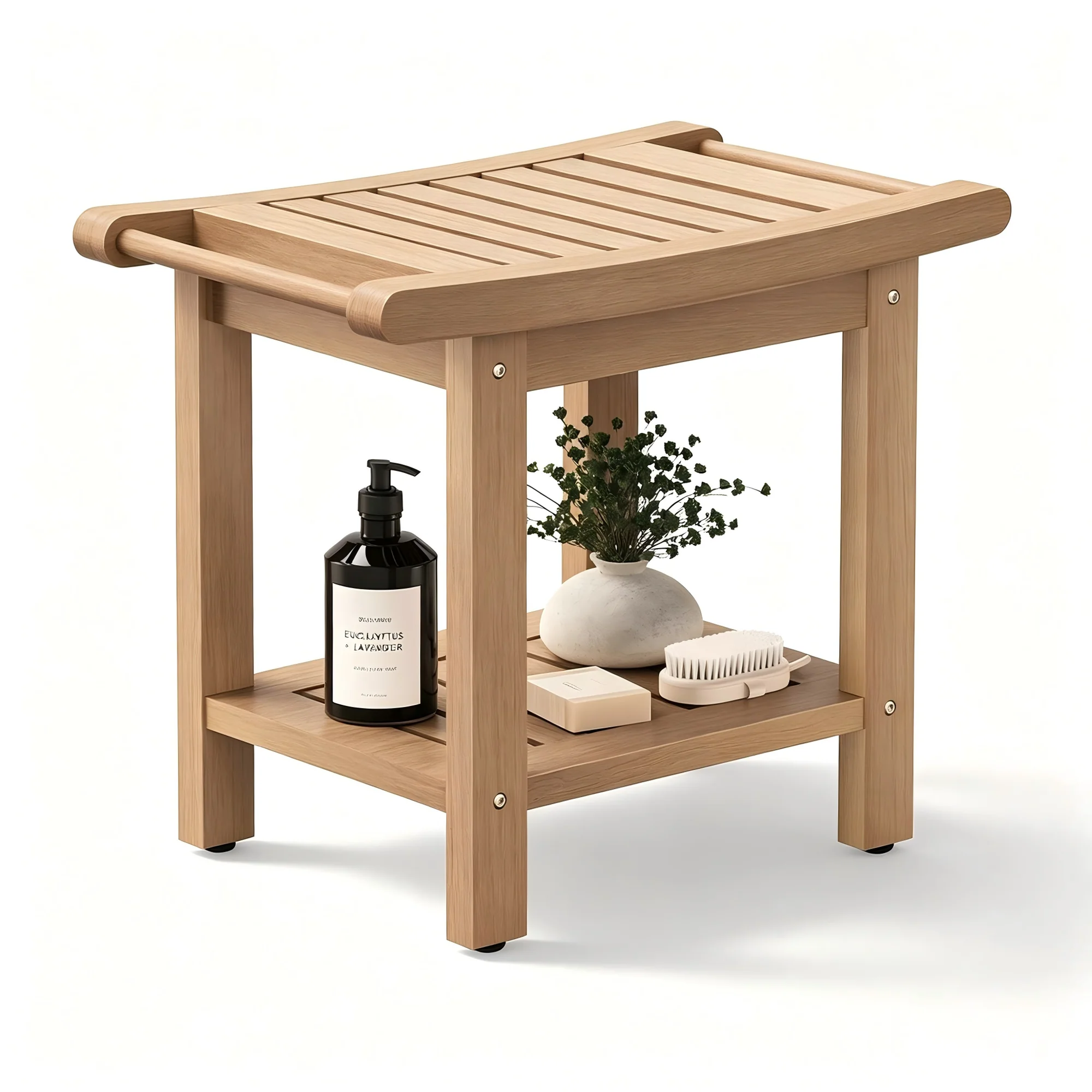22.8" Poly Lumber Shower Bench for Inside Shower with Handles, Teak HIPS Waterproof Shower Stool with Storage Shelf & Anti-Slip Feet Bathroom Shower Chair Seat for Shaving Legs 400LBS Capacity