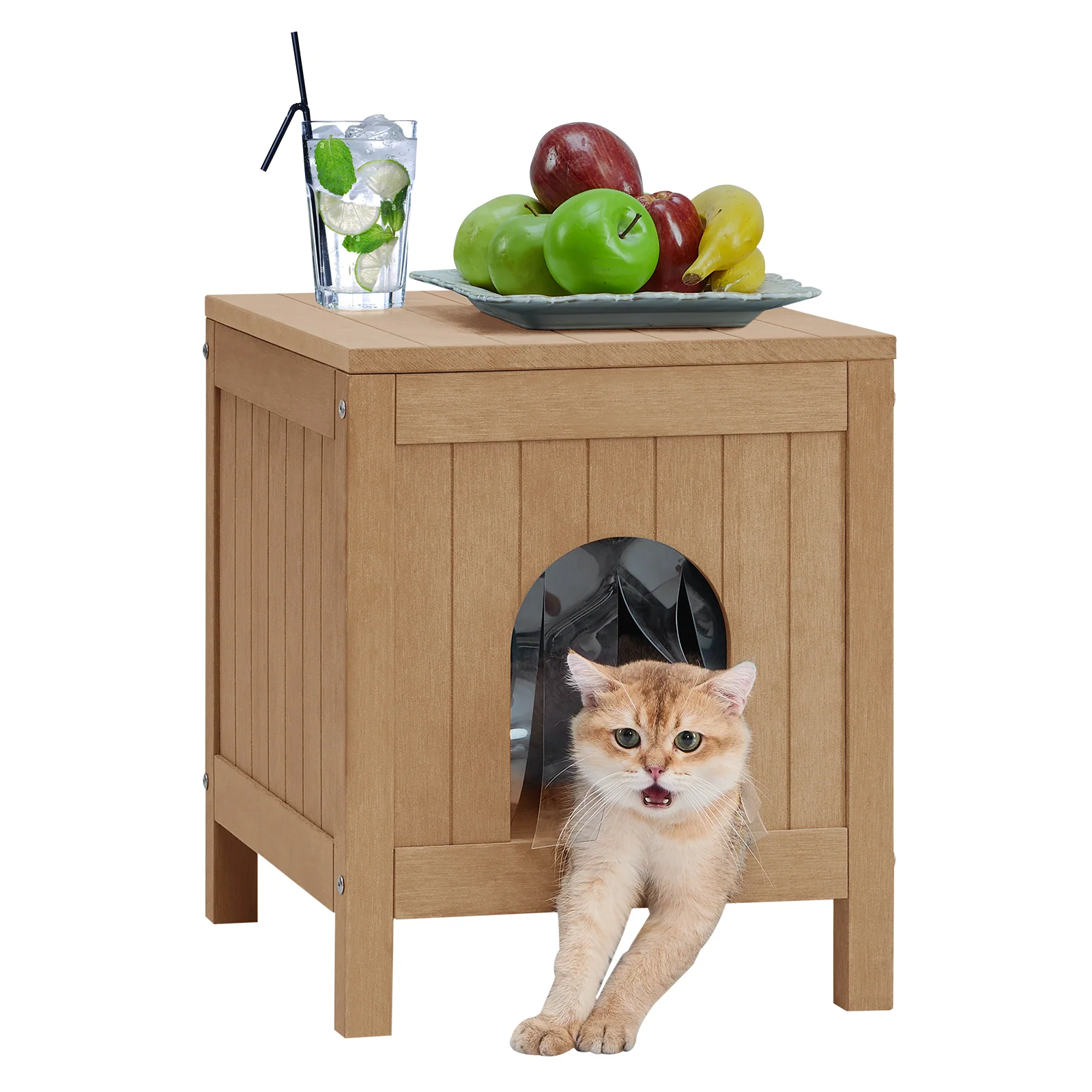 Outdoor Cat House Weatherproof, HIPS Cat Houses (Teak, Small) Hinged Roof, Insulated, Elevated Floor, Spacious Escape Door, Easy Assembly, Moisture & Odor Resistant
