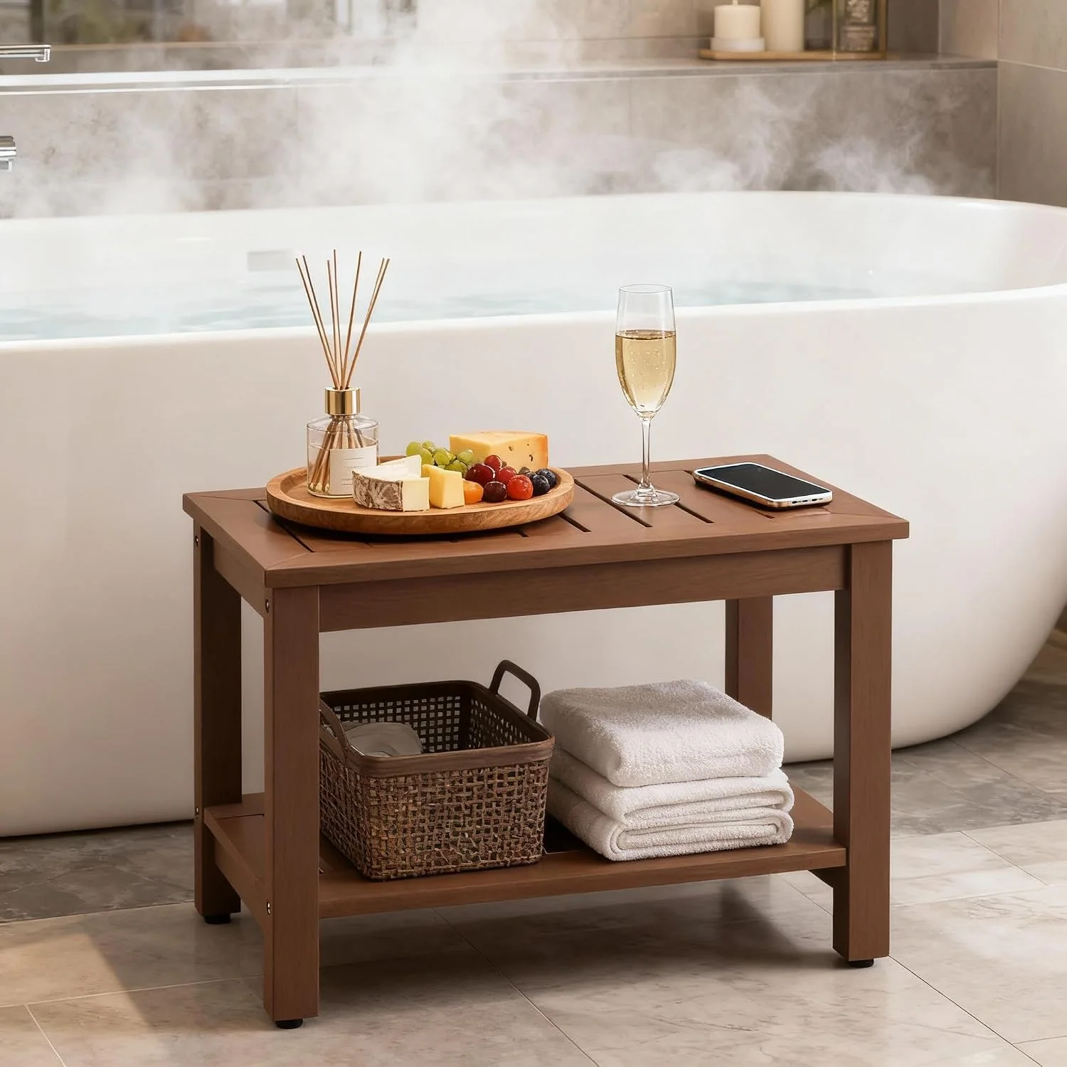 Waterproof Poly Lumber Shower Bench with Storage Shelf, Brown Extra Large Non-Slip Shower Stool for Shaving Legs, Bathroom Chair Seat for Inside Shower, Outdoor Patio Side Coffee Table