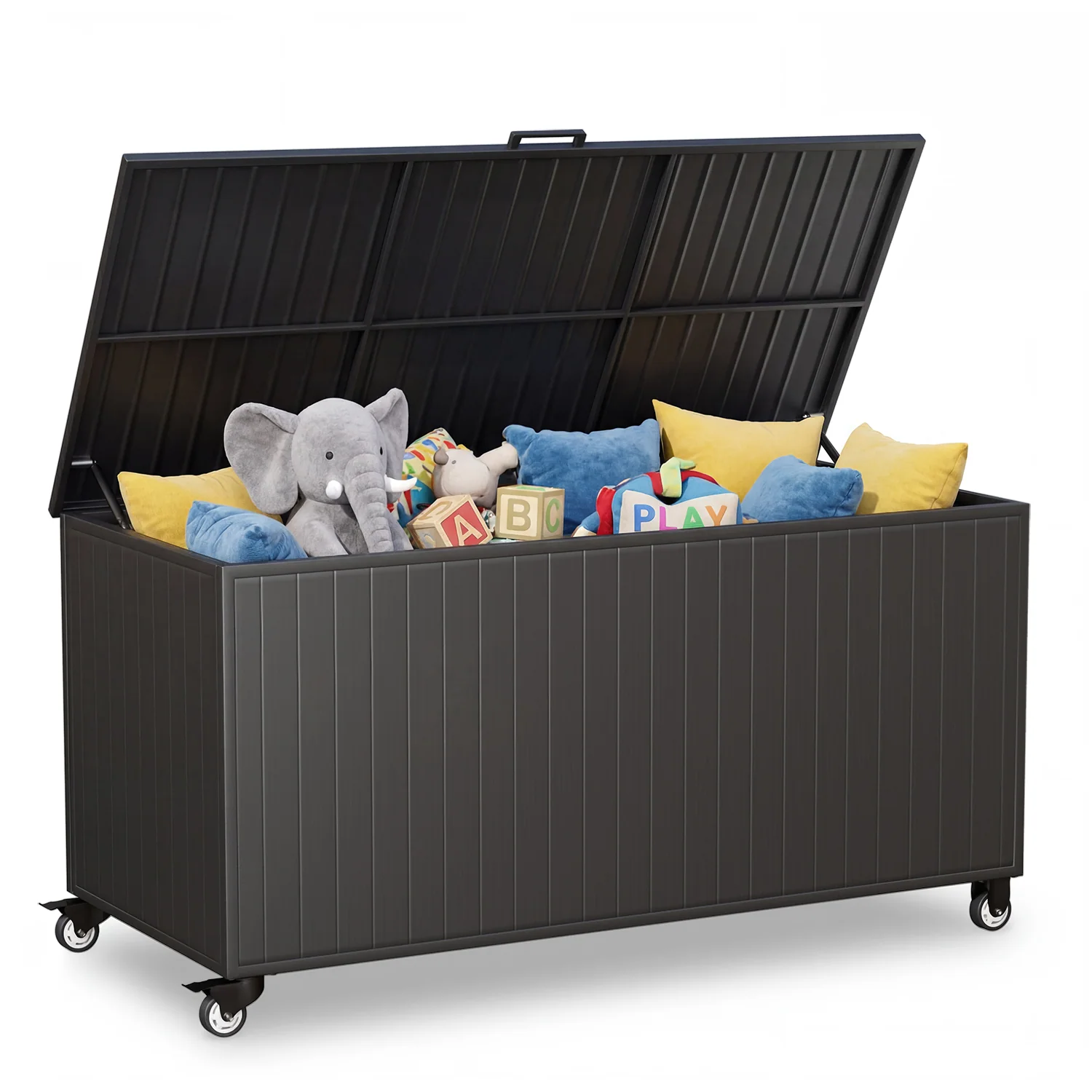 250 Gallon Metal Large Outdoor Deck Box with 4 Wheels, Black Hydraulic Pistons , Waterproof outdoor storage box for Patio Furniture Cushions, Pool Accessories & Garden Tools
