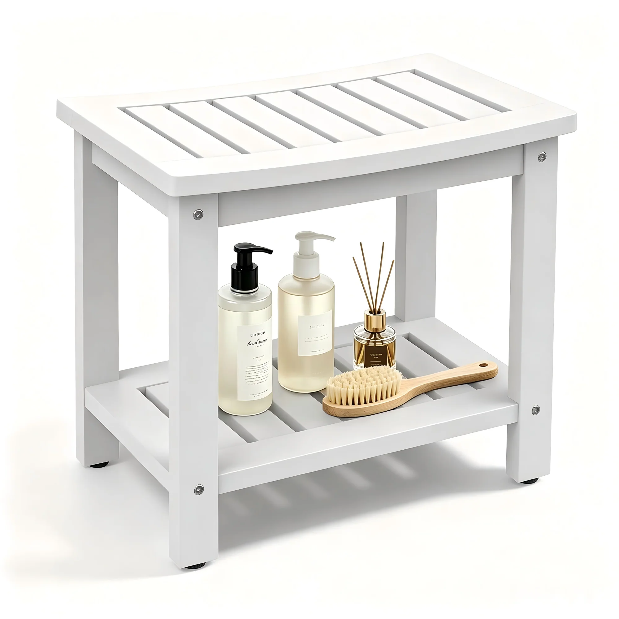 21" Poly Lumber Shower Bench Seat, Waterproof Shower Stool, White Non-Slip Shower Stool with Storage Shelf, Extra Wide Wood like Bathroom Inside Shower Chair Indoor Outdoor Use No Maintenance