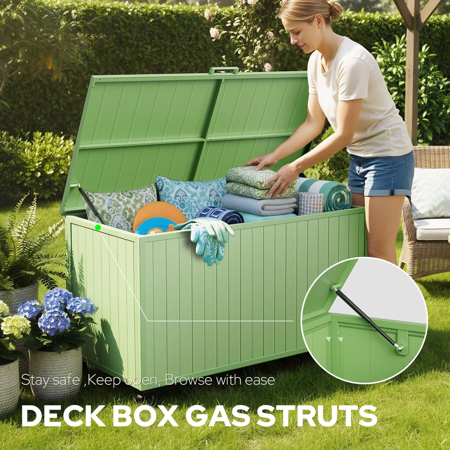 150 Gallon Outdoor Storage Box with Wheels, Metal Deck Boxes,Green Hydraulic Pistons, Waterproof Large Deck Box for Patio Cushions, Pool Accessories & Garden Tools