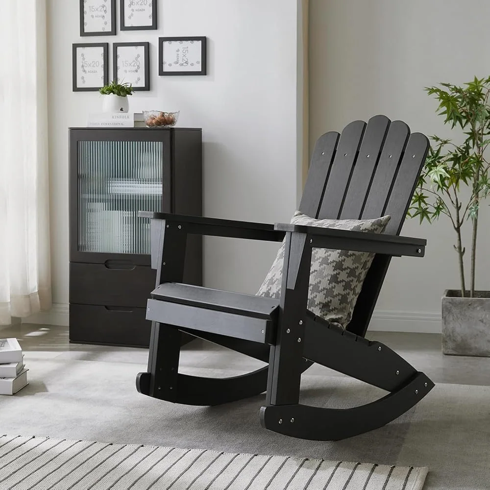 Adirondack Patio Rocking Chair, Black Heavy Duty 350 lbs, HIPS Outdoor Rocking Chair Oversized, Rocker Chair with Wide Back, For Patio/Porch/Backyard