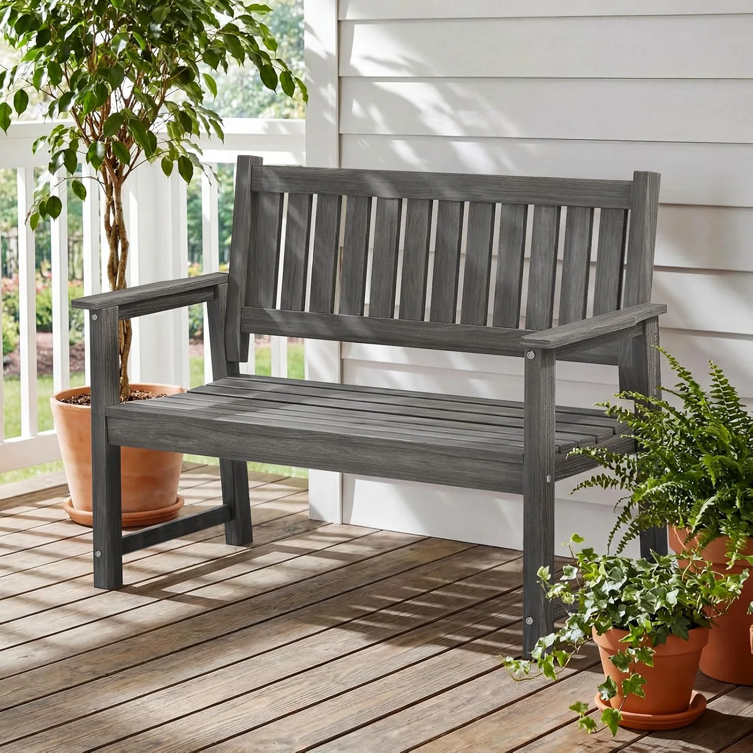 All Weather Poly Lumber Outdoor Garden Bench, 2-Person, Light Gray 700 Lbs Weight Capacity Heavy Duty Weatherproof Patio Seating Furniture for Porch Balcony Park, No Maintenance Furniture