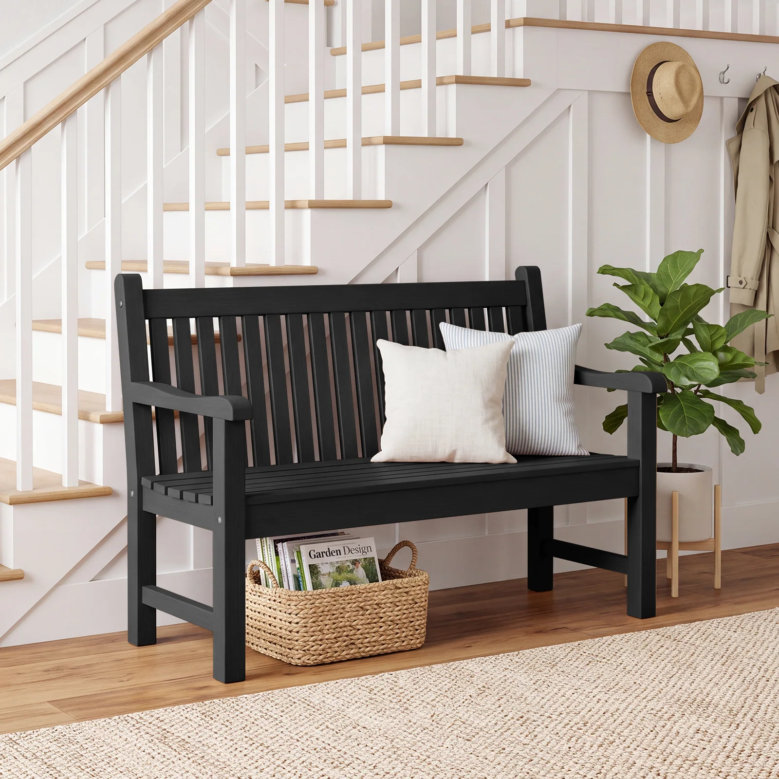 2-Person Outdoor Bench with 700 Lbs Weight Capacity, Black Poly Lumber Weatherproof Garden Bench Seating for Porch, Balcony and Park, All-Weather Patio Bench Furniture