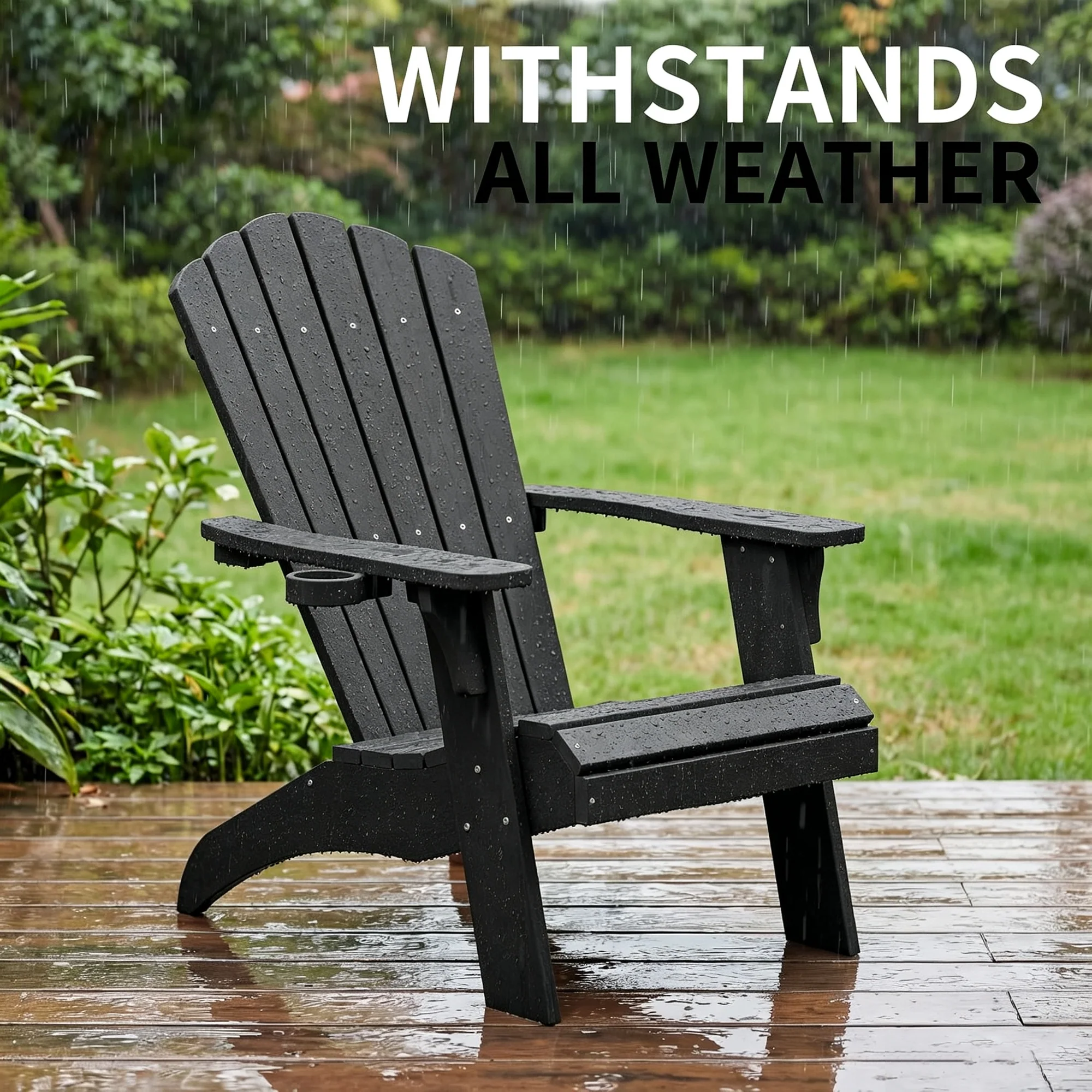 Oversized Adirondack Chairs with Cup Holder, Black Poly Lumber Patio Chairs,350Lbs Support, All Weather Patio Chairs for Fire Pit Deck Backyard Patio Outdoor Garden