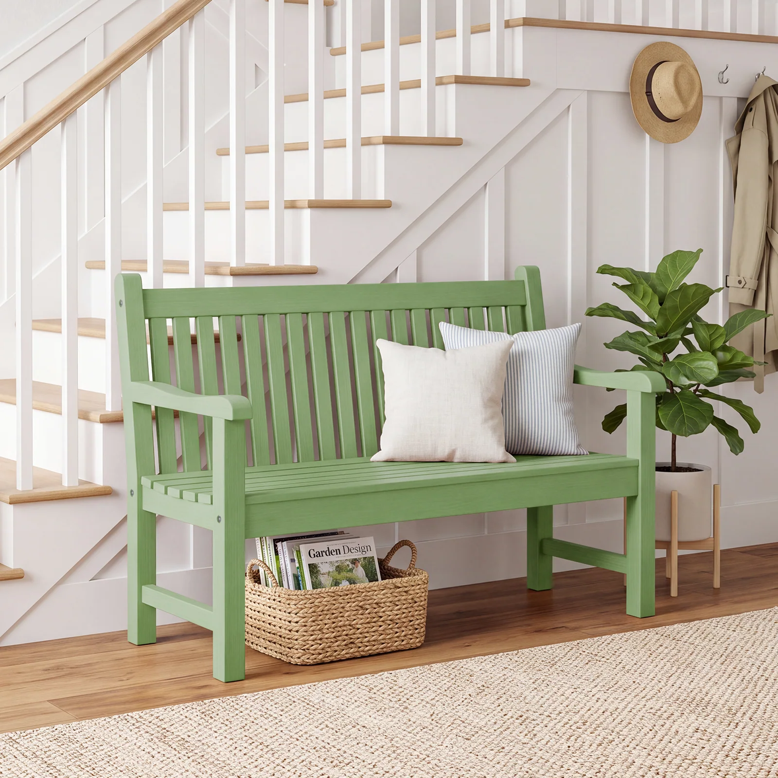 2-Person Outdoor Bench with 700 Lbs Weight Capacity, Green Poly Lumber Weatherproof Garden Bench Seating for Porch, Balcony and Park, All-Weather Patio Bench Furniture