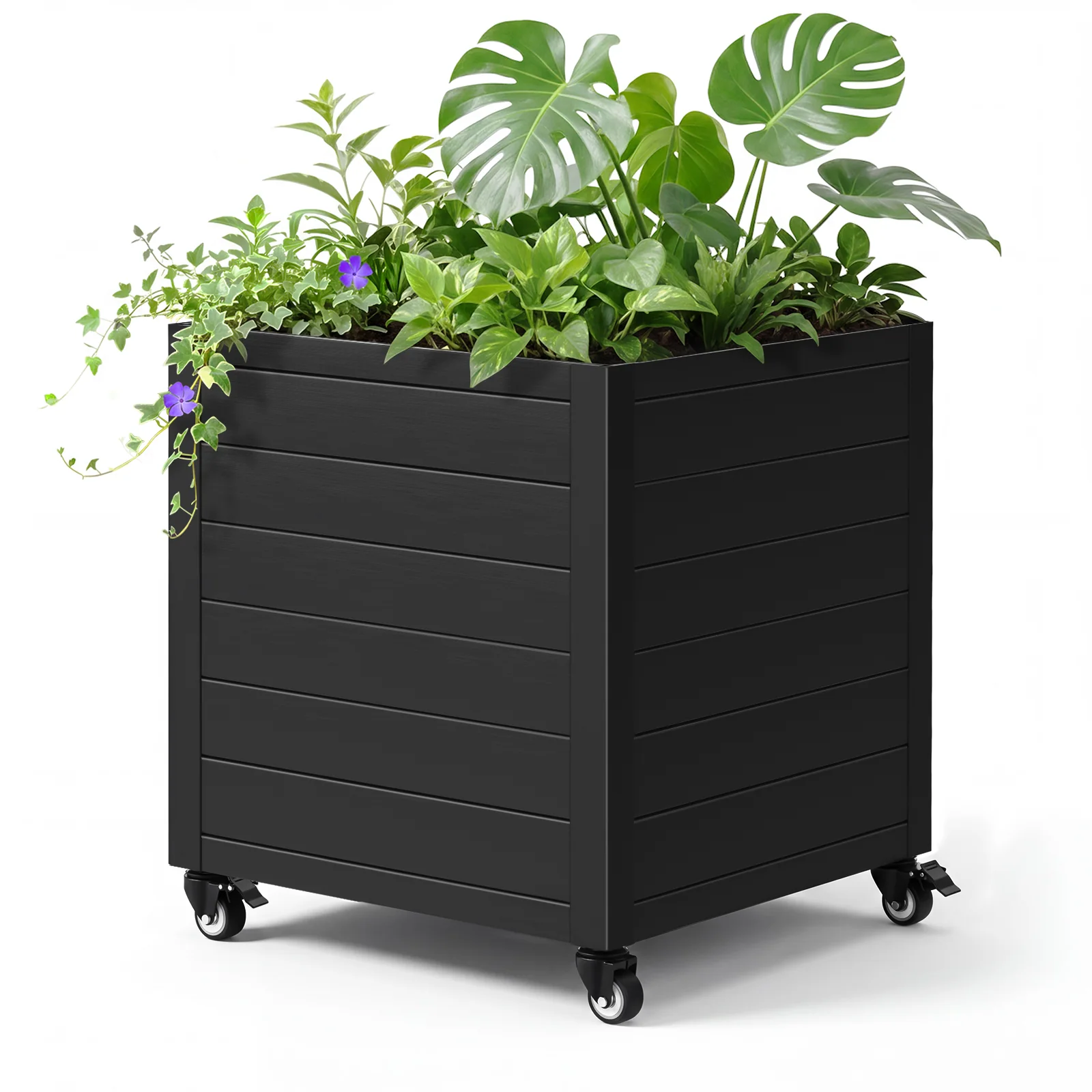 Square Outdoor Planter Box 18" (D) x 18" (W) x 17.7" (H), Black Planter with 4 Wheels, Rot-resistant and waterproof; Suitable for front porches, patios, or gardens