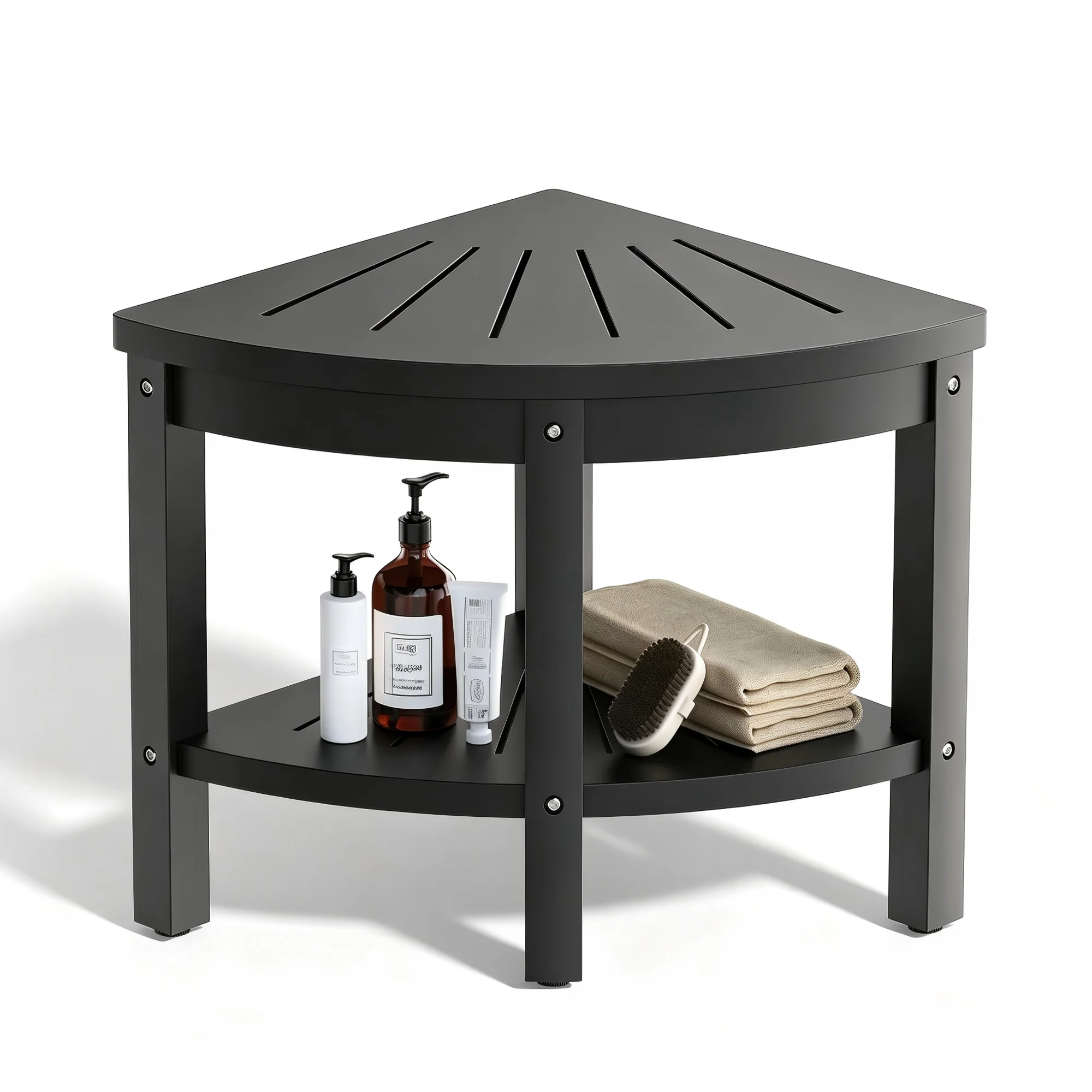 17.7" Shower Stool for Inside Shower, Poly Lumber HIPS Corner Shower Bench with Storage Shelf & Adjustable Height Legs, 400LBS Shower Seat, Foot Rest for Shaving Legs, Indoor/Outdoor Use (Black)