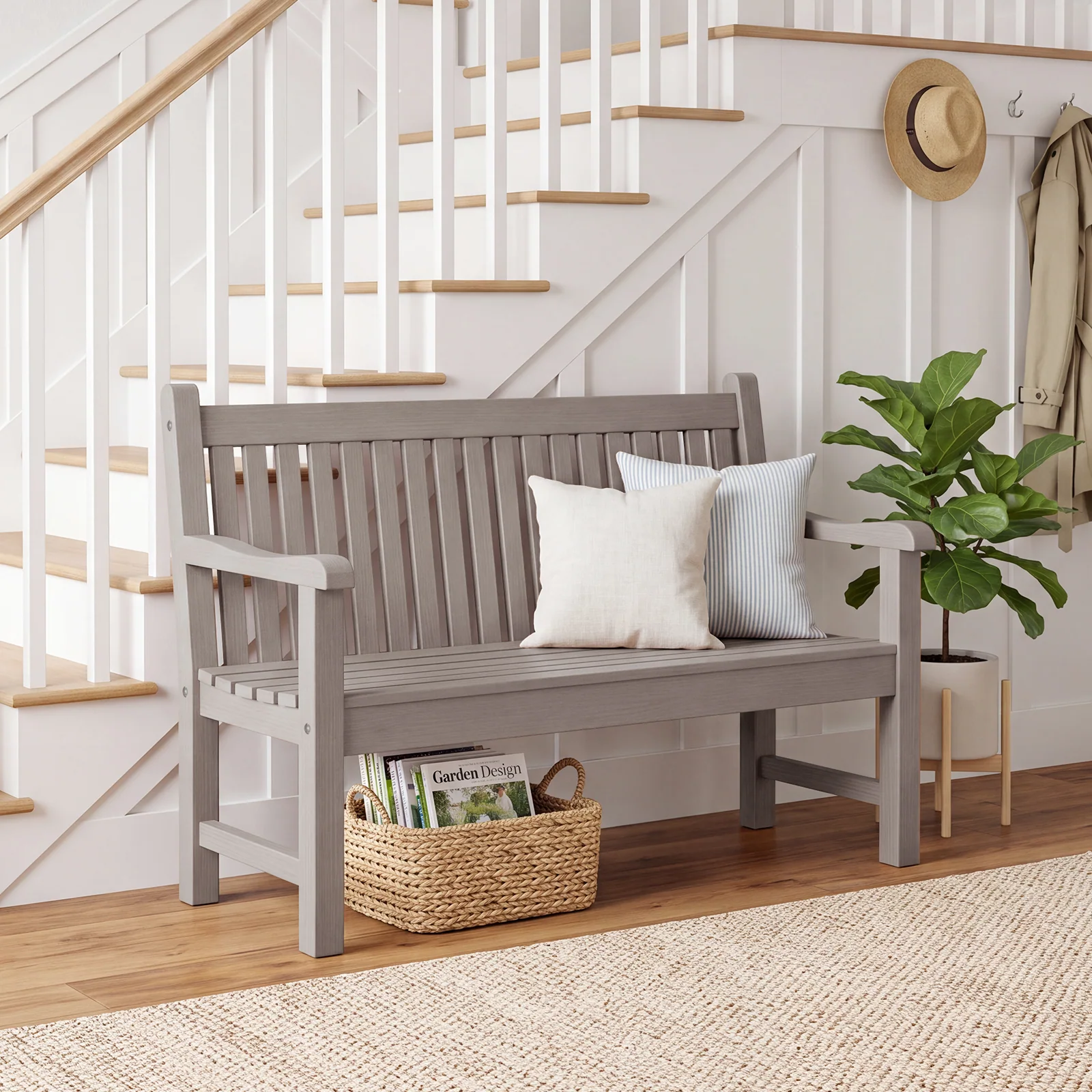 2-Person Outdoor Bench with 700 Lbs Weight Capacity, Grey Poly Lumber Weatherproof Garden Bench Seating for Porch, Balcony and Park, All-Weather Patio Bench Furniture