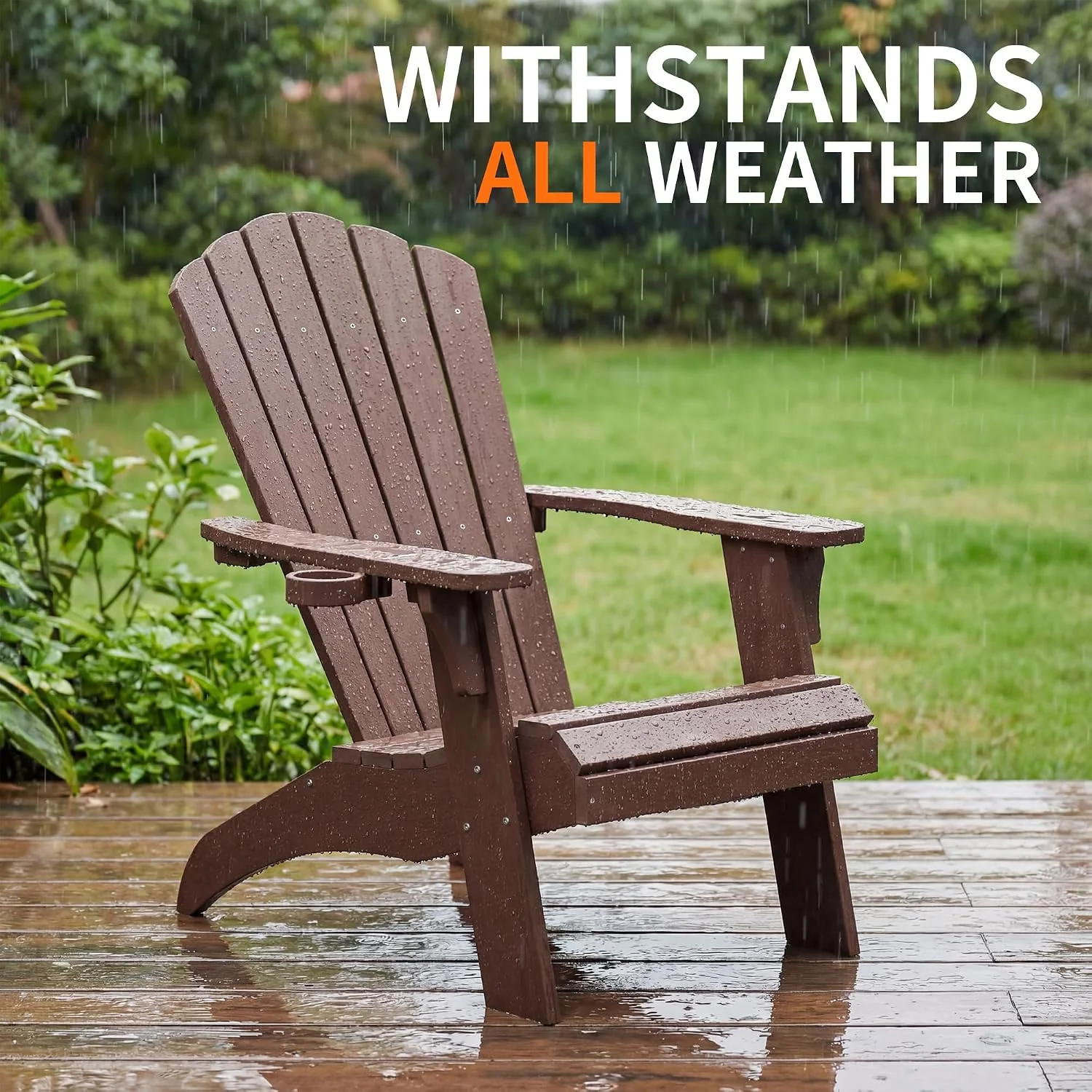 Oversized Adirondack Chairs with Cup Holder, Brown Poly Lumber Patio Chairs,350Lbs Support, All Weather Patio Chairs for Fire Pit Deck Backyard Patio Outdoor Garden