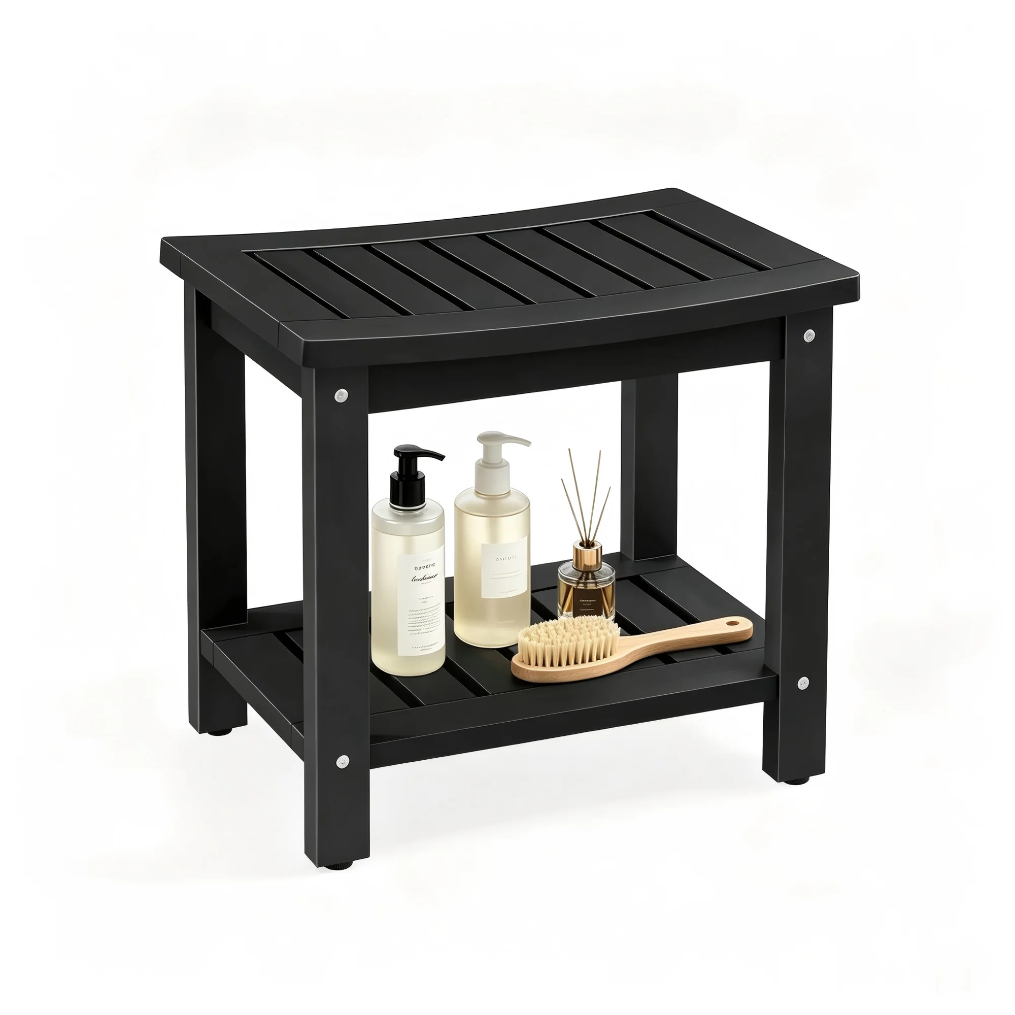 21" Poly Lumber Shower Bench Seat, Waterproof Shower Stool, Black Non-Slip Shower Stool with Storage Shelf, Extra Wide Wood like Bathroom Inside Shower Chair Indoor Outdoor Use No Maintenance