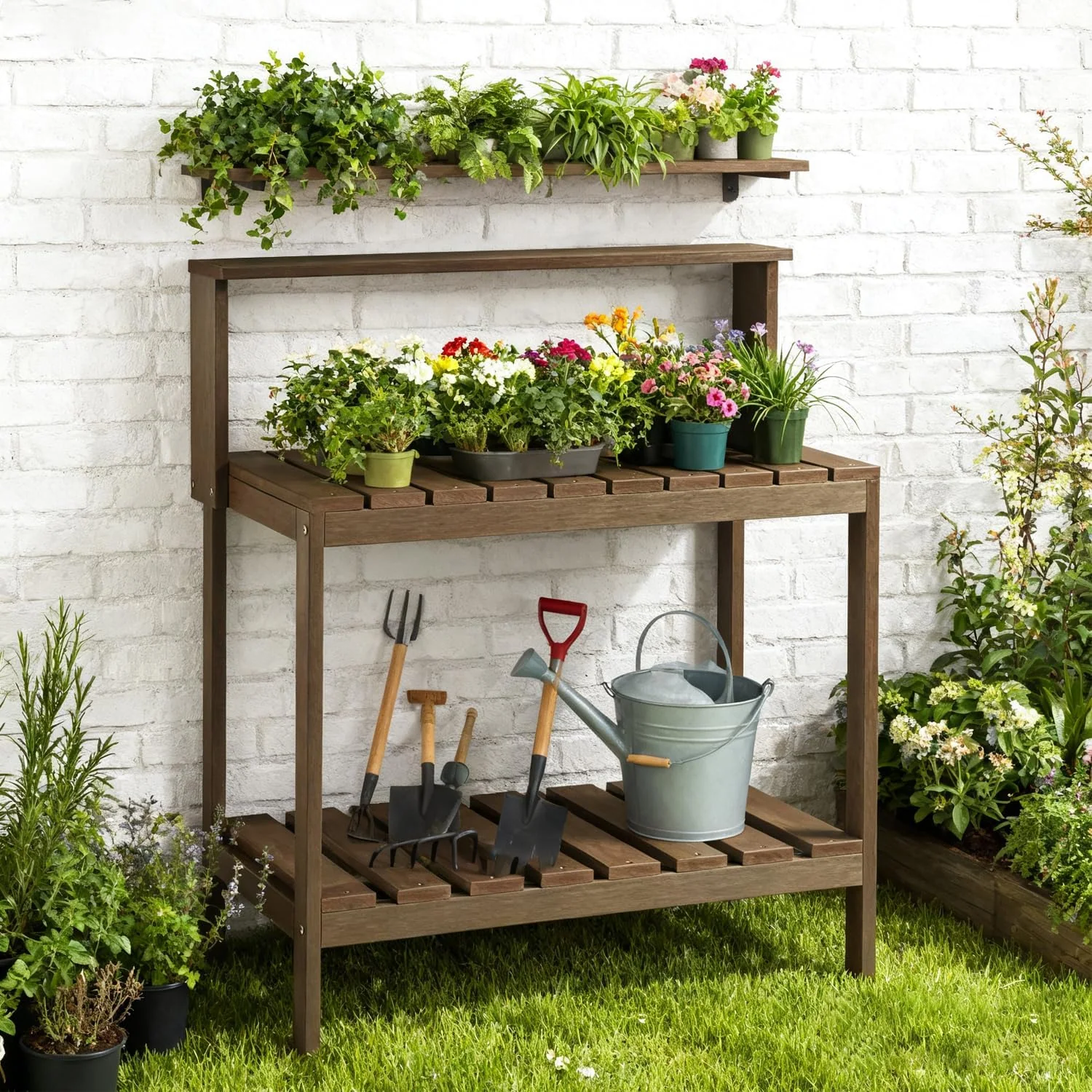 Outdoor Potting Bench, HIPS Patio Potting Table for Porch, Brown All-Weather Garden Work Bench with Tool Hooks for Porch & Backyard, No Rust, No Fade, Rot-Resistant
