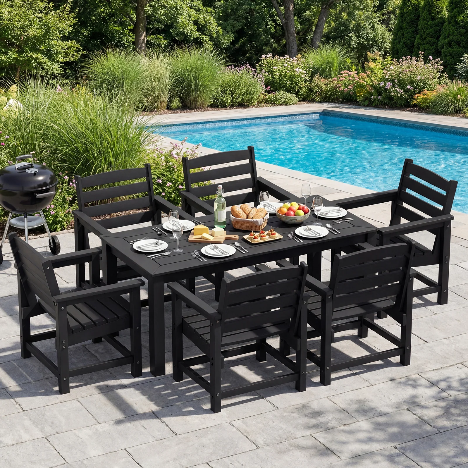 Outdoor Dining Set for 6, 7 Pcs HDPE Patio Table and Chair Set,Black 2" Umbrella Hole, All Weather Outdoor Furniture for Garden, Poolside, Backyard, Deck