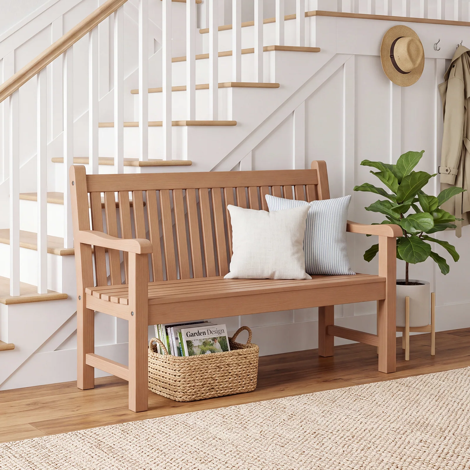 2-Person Outdoor Bench with 700 Lbs Weight Capacity, Teak Poly Lumber Weatherproof Garden Bench Seating for Porch, Balcony and Park, All-Weather Patio Bench Furniture