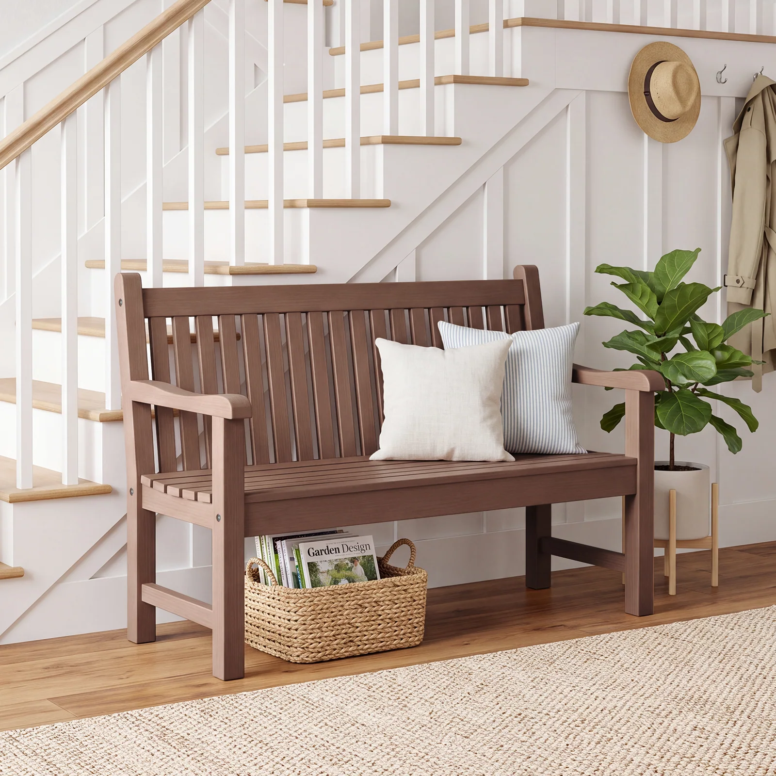 2-Person Outdoor Bench with 700 Lbs Weight Capacity, Brown Poly Lumber Weatherproof Garden Bench Seating for Porch, Balcony and Park, All-Weather Patio Bench Furniture