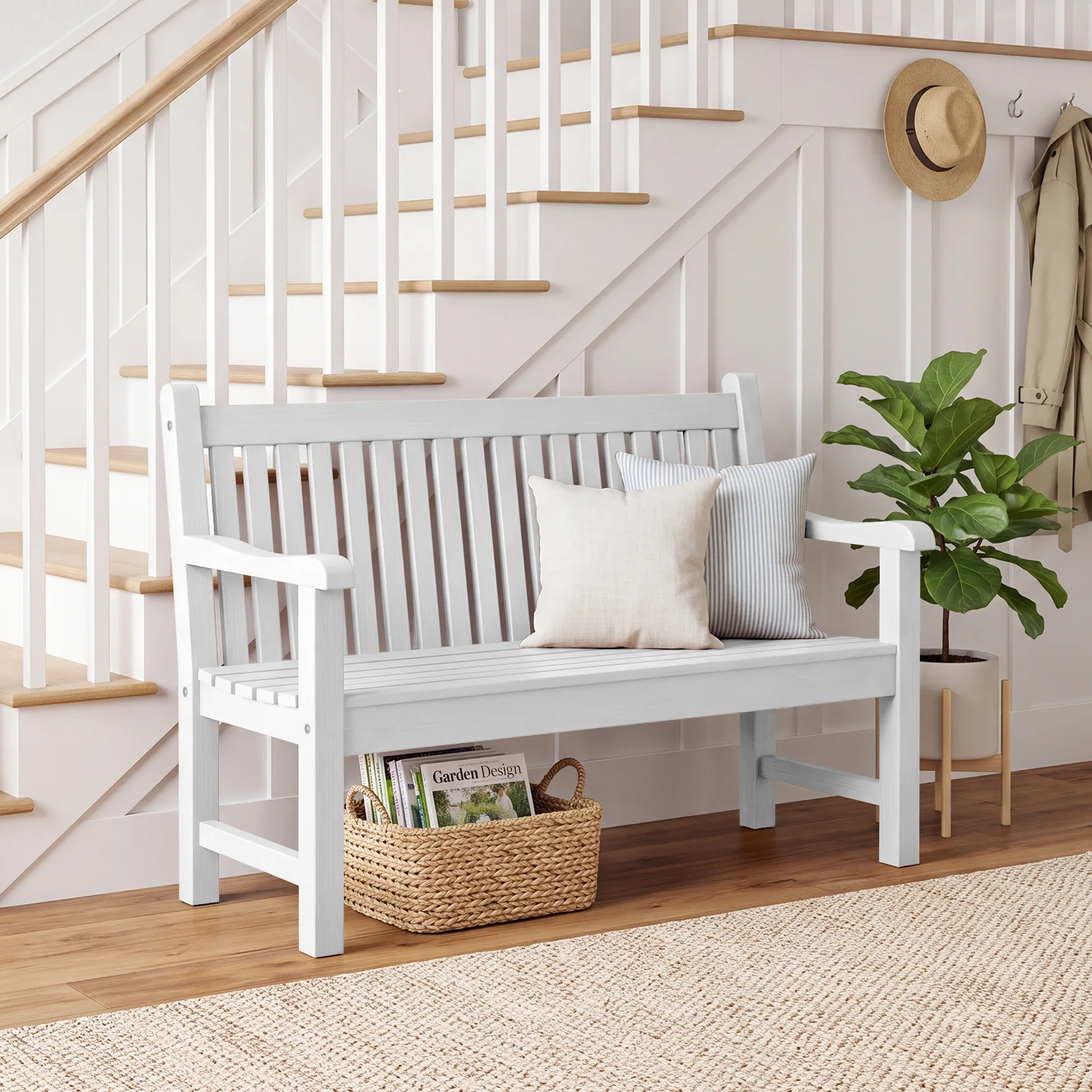 2-Person Outdoor Bench with 700 Lbs Weight Capacity, White Poly Lumber Weatherproof Garden Bench Seating for Porch, Balcony and Park, All-Weather Patio Bench Furniture