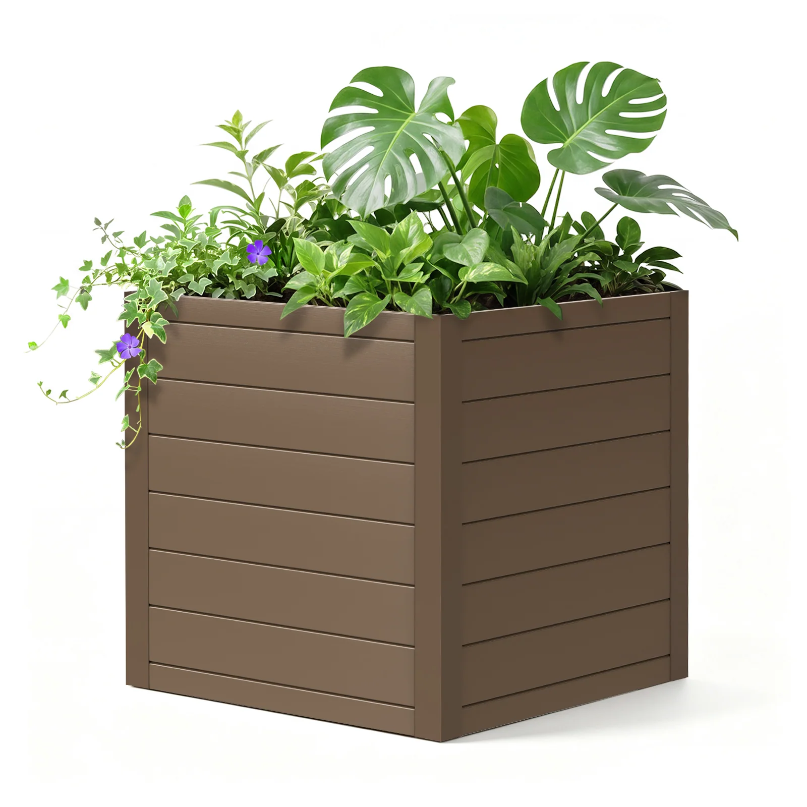 Square Outdoor Planter Box 18" (D) x 18" (W) x 17.7" (H), Brown Planter, Rot-resistant and waterproof; Suitable for front porches, patios, or gardens