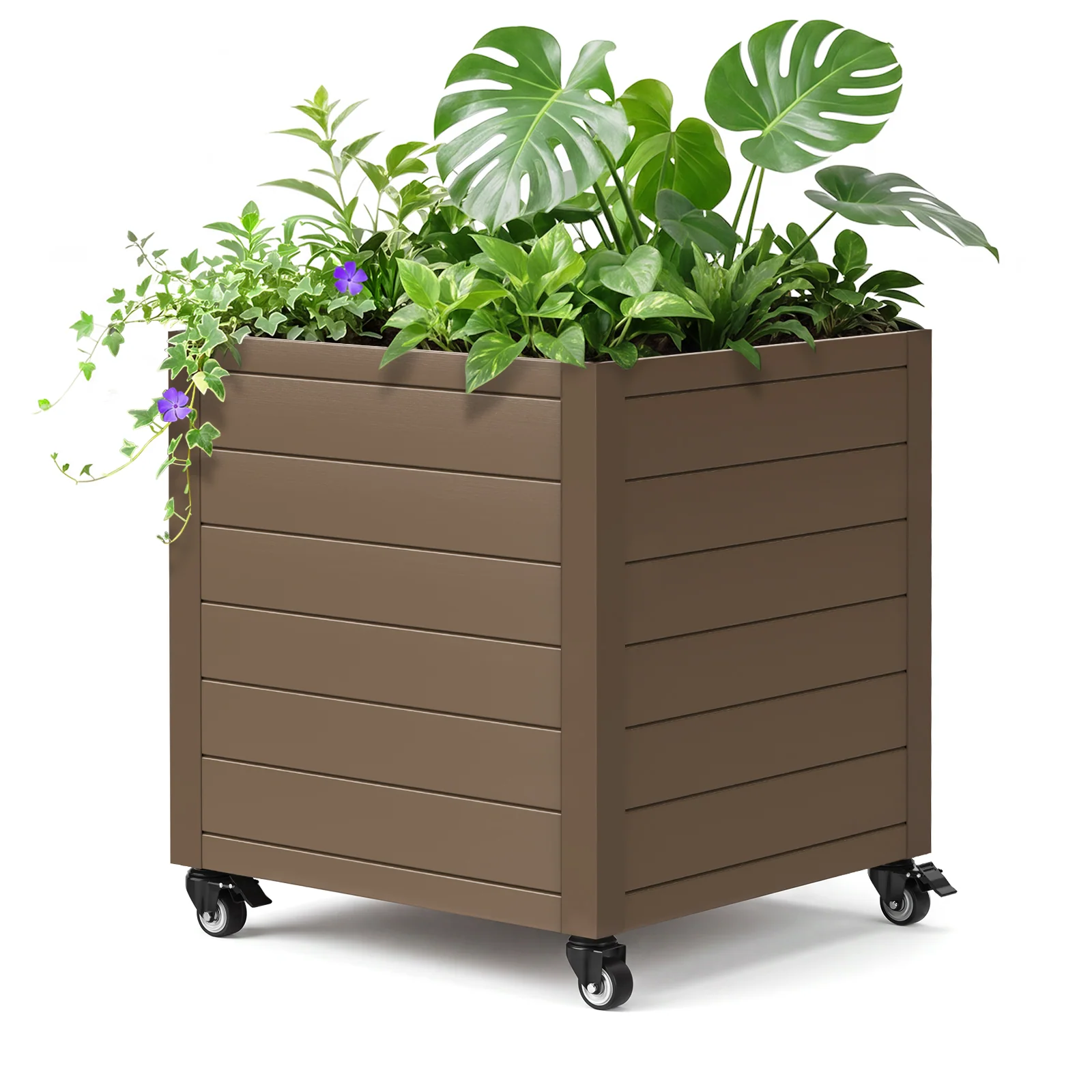 Square Outdoor Planter Box 18" (D) x 18" (W) x 17.7" (H), Brown Planter with 4 Wheels, Rot-resistant and waterproof; Suitable for front porches, patios, or gardens