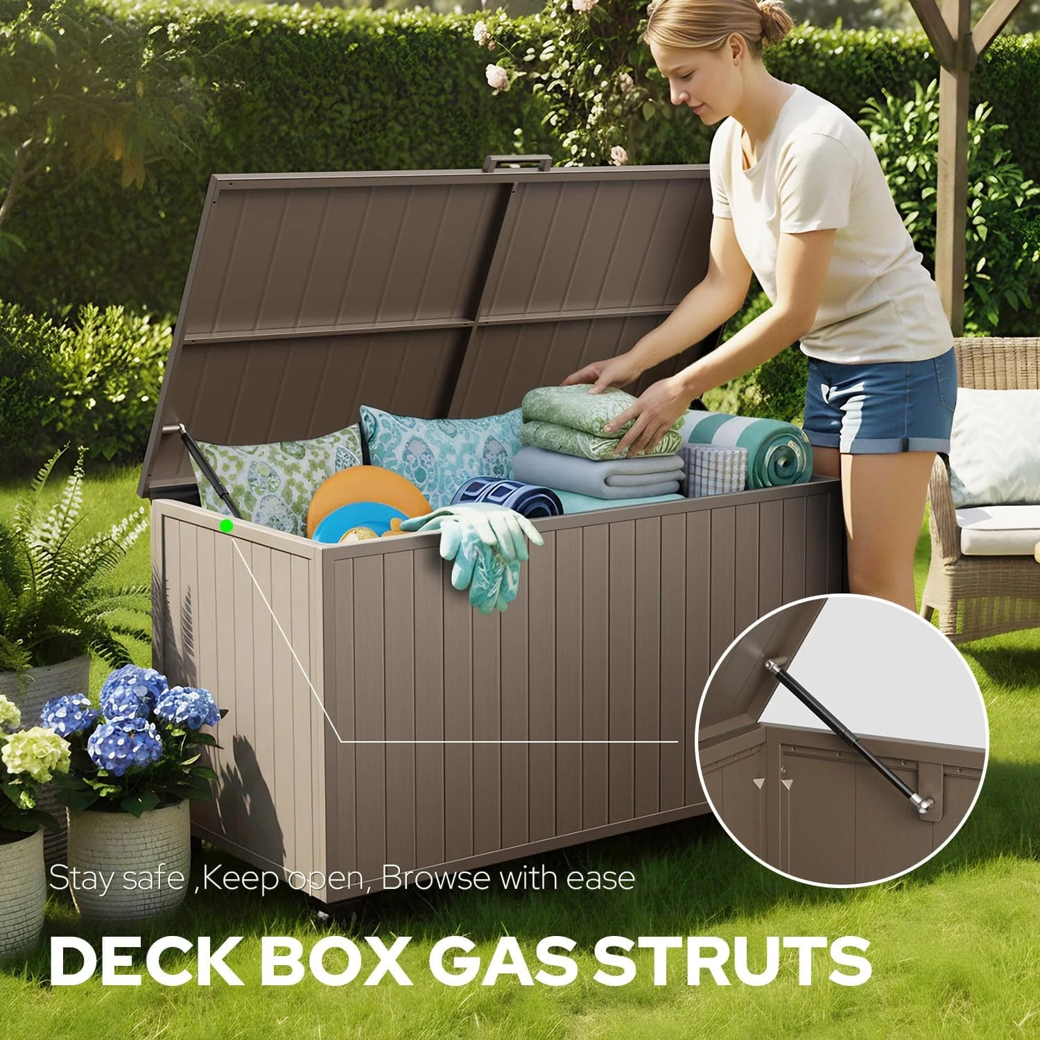 150 Gallon Outdoor Storage Box with Wheels, Metal Deck Boxes,Brown Hydraulic Pistons, Waterproof Large Deck Box for Patio Cushions, Pool Accessories & Garden Tools