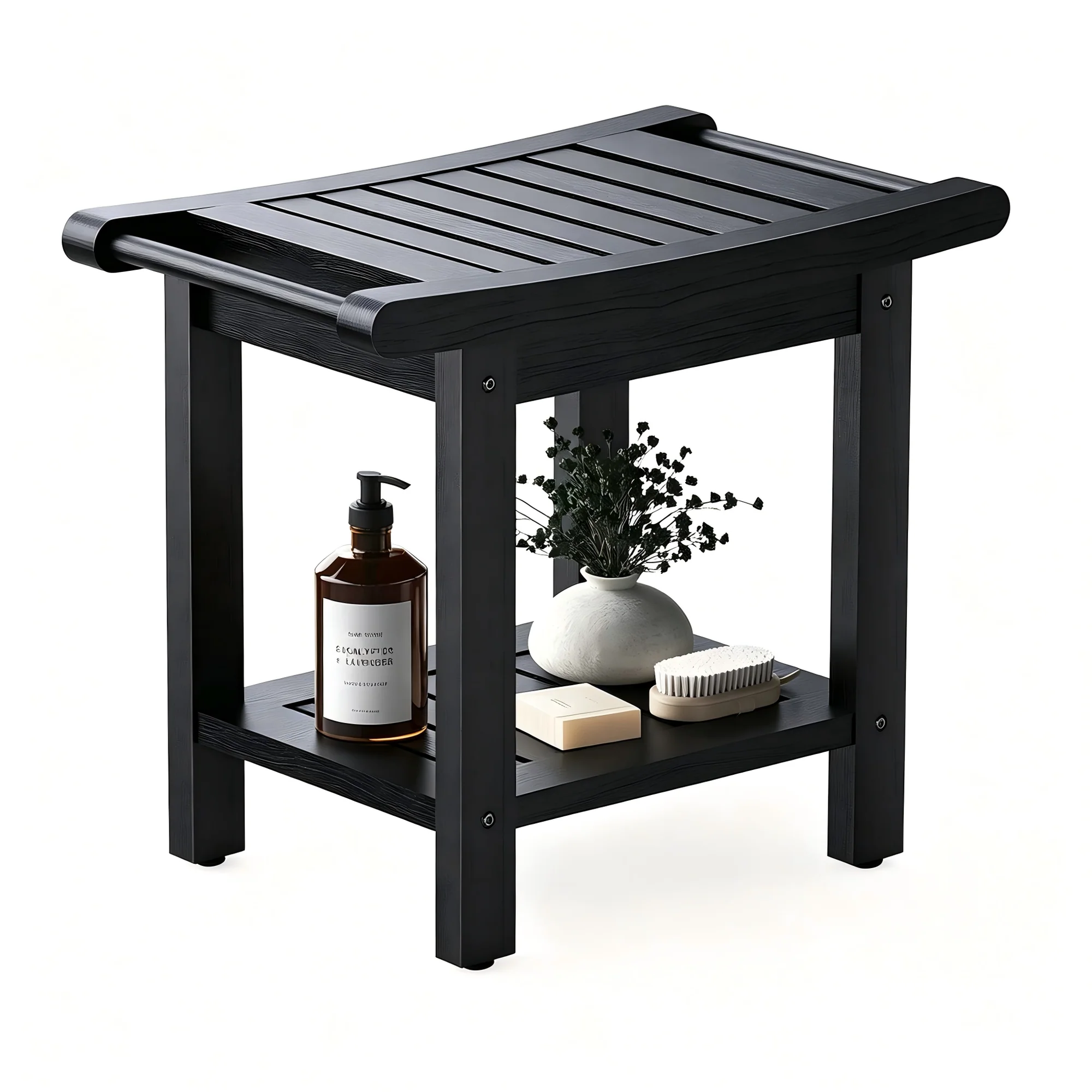 22.8" Poly Lumber Shower Bench for Inside Shower with Handles, Teak HIPS Waterproof Shower Stool with Storage Shelf & Anti-Slip Feet Bathroom Shower Chair Seat for Shaving Legs 400LBS Capacity