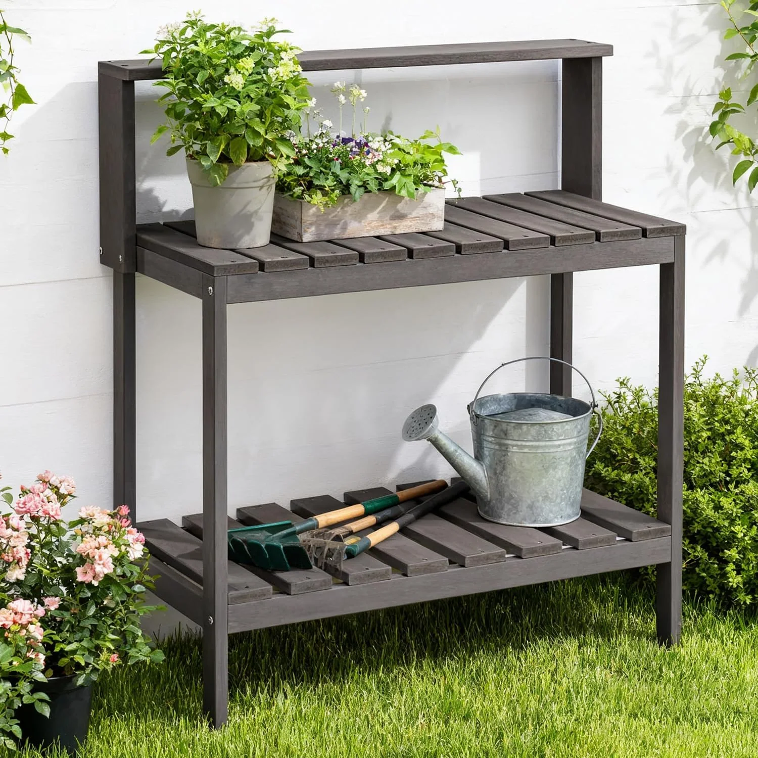 Outdoor Potting Bench, HIPS Patio Potting Table for Porch, Light Gray All-Weather Garden Work Bench with Tool Hooks for Porch & Backyard, No Rust, No Fade, Rot-Resistant