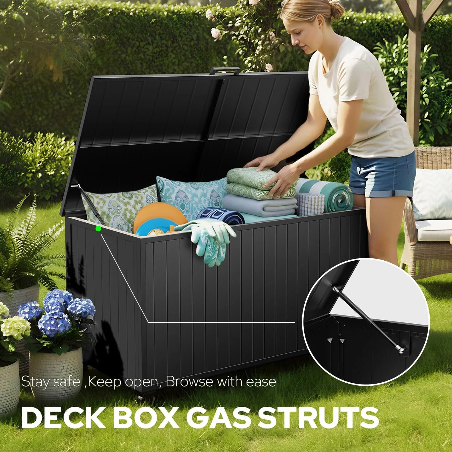 150 Gallon Outdoor Storage Box with Wheels, Metal Deck Boxes,Black Hydraulic Pistons, Waterproof Large Deck Box for Patio Cushions, Pool Accessories & Garden Tools