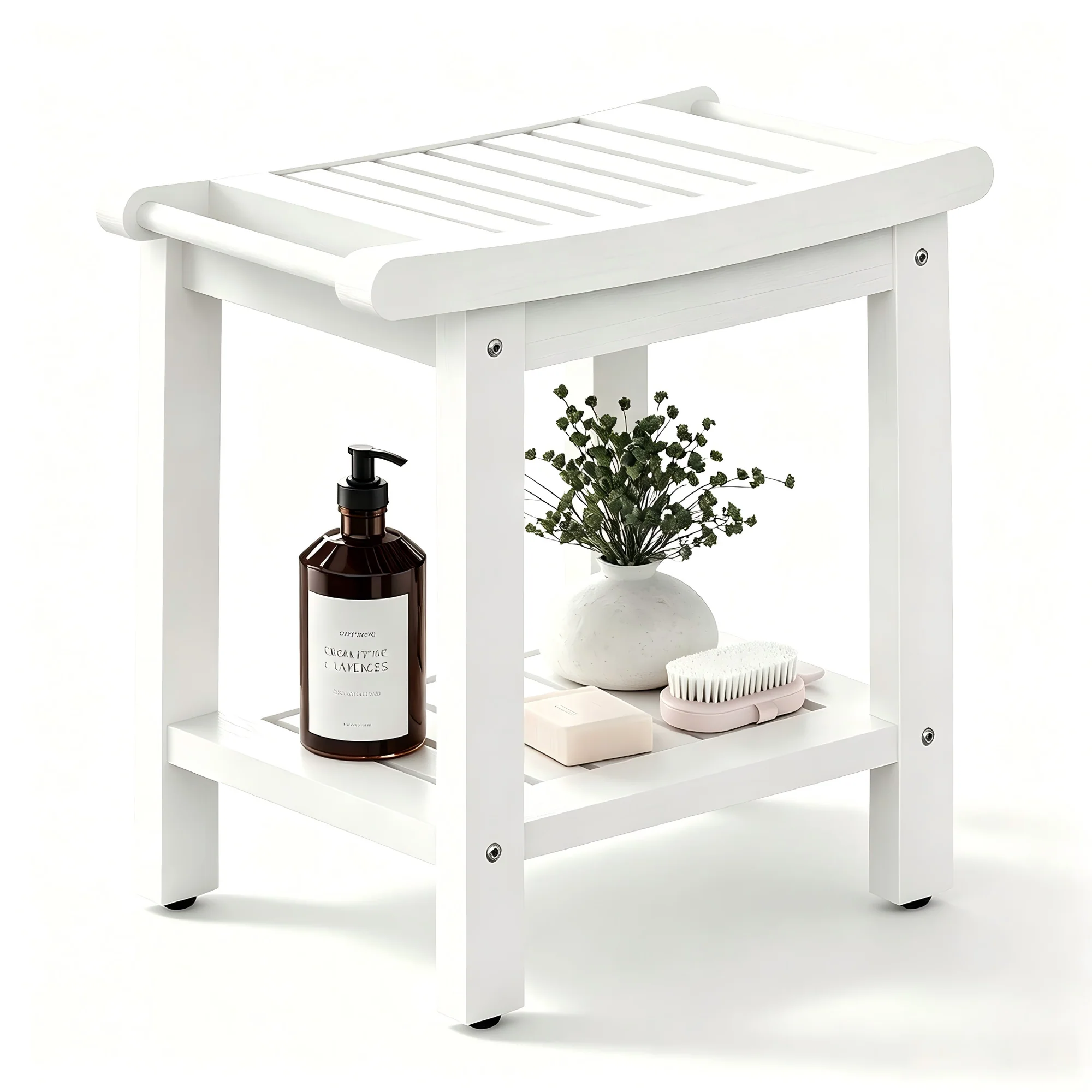 22.8" Poly Lumber Shower Bench for Inside Shower with Handles, White HIPS Waterproof Shower Stool with Storage Shelf & Anti-Slip Feet Bathroom Shower Chair Seat for Shaving Legs 400LBS Capacity