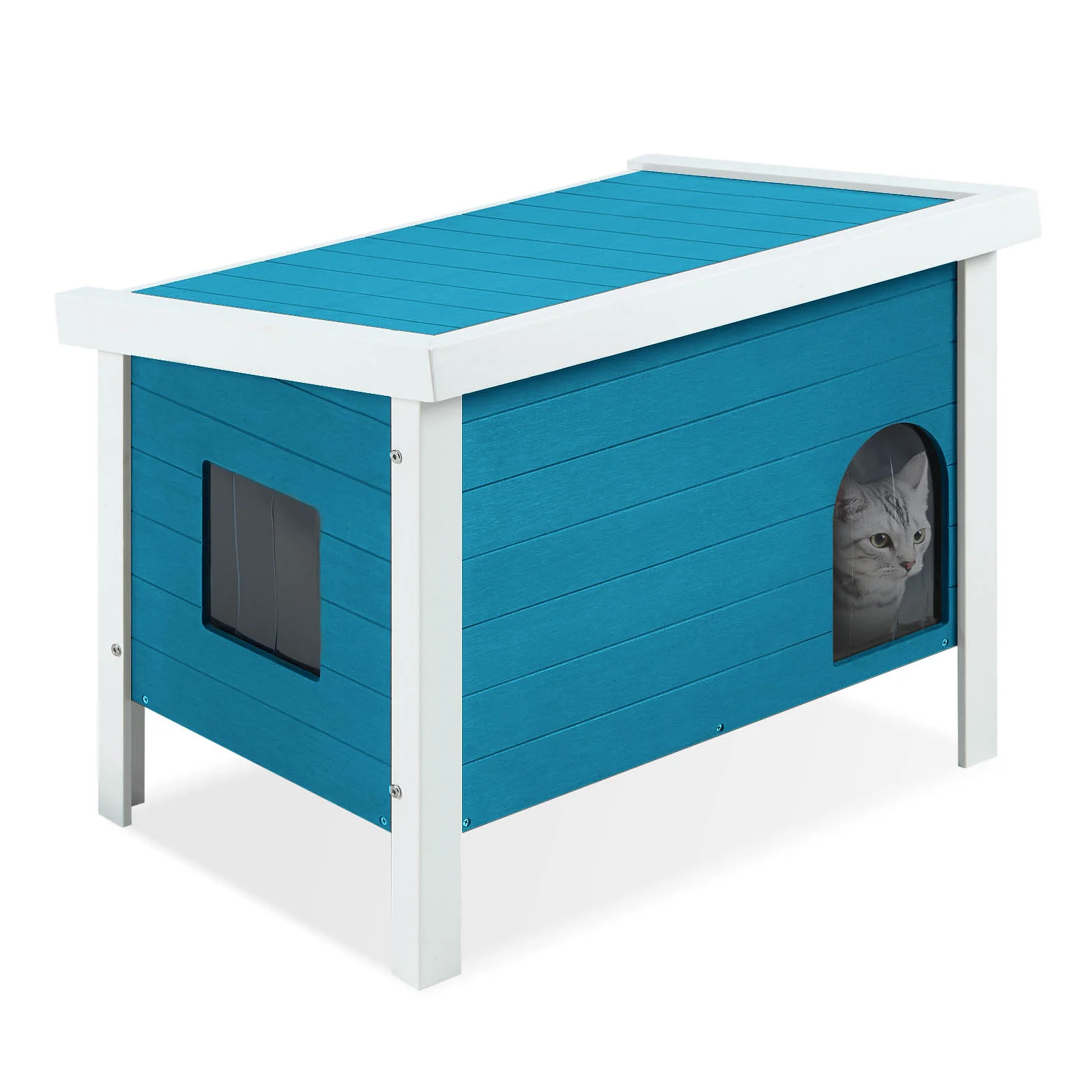 Outdoor Cat House Weatherproof, HDPE Cat Houses (Blue, Extra Large) Hinged Roof, Insulated, Elevated Floor, Spacious Escape Door, Easy Assembly, Moisture & Odor Resistant