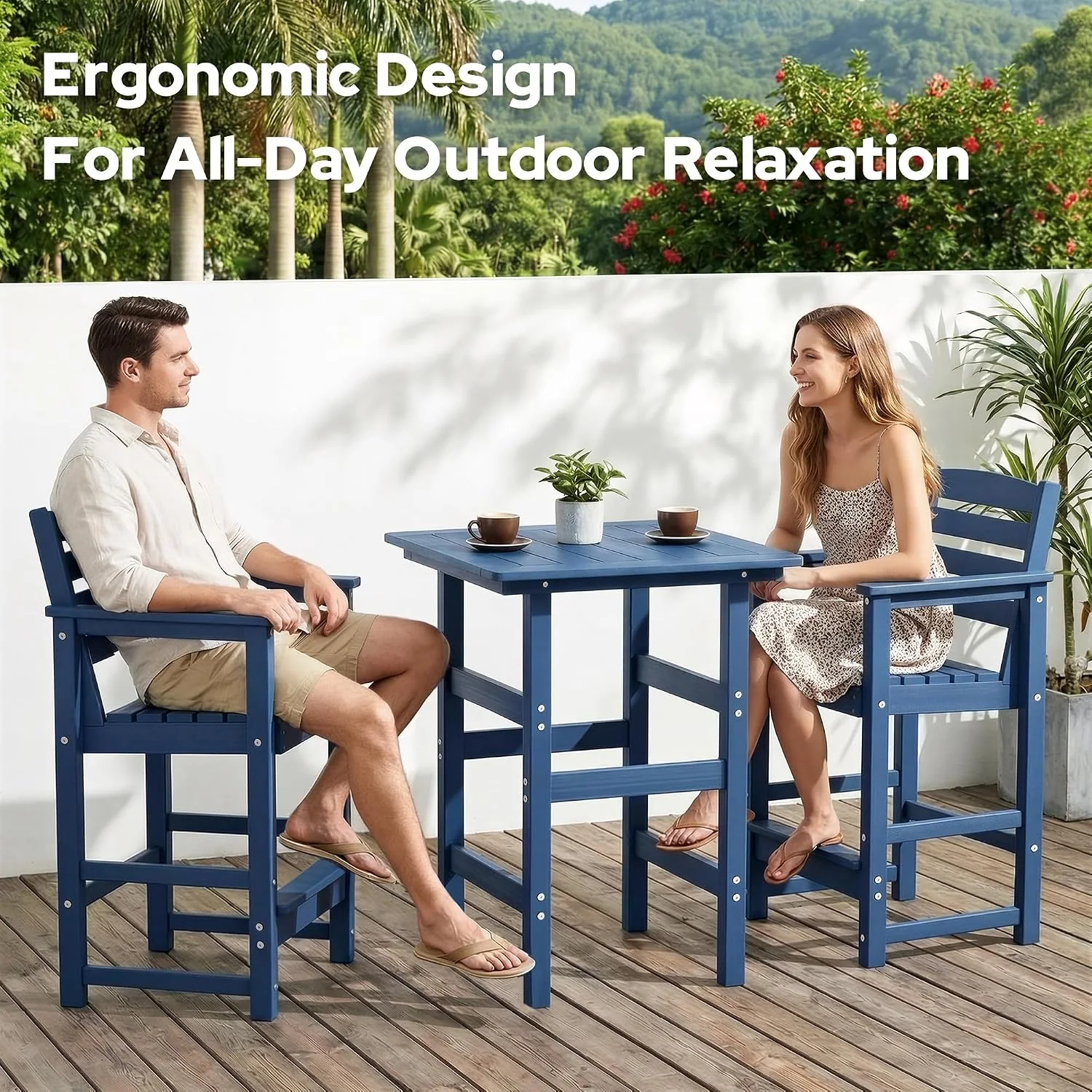 3-Piece Outdoor Bistro Bar Set, HDPE Bar Height Table & Chairs, Blue All-Weather Patio Bar Set Balcony Tall Adirondack Chairs and Pub Table Set, Outdoor Bar Stools Furniture Set for Outside Pool